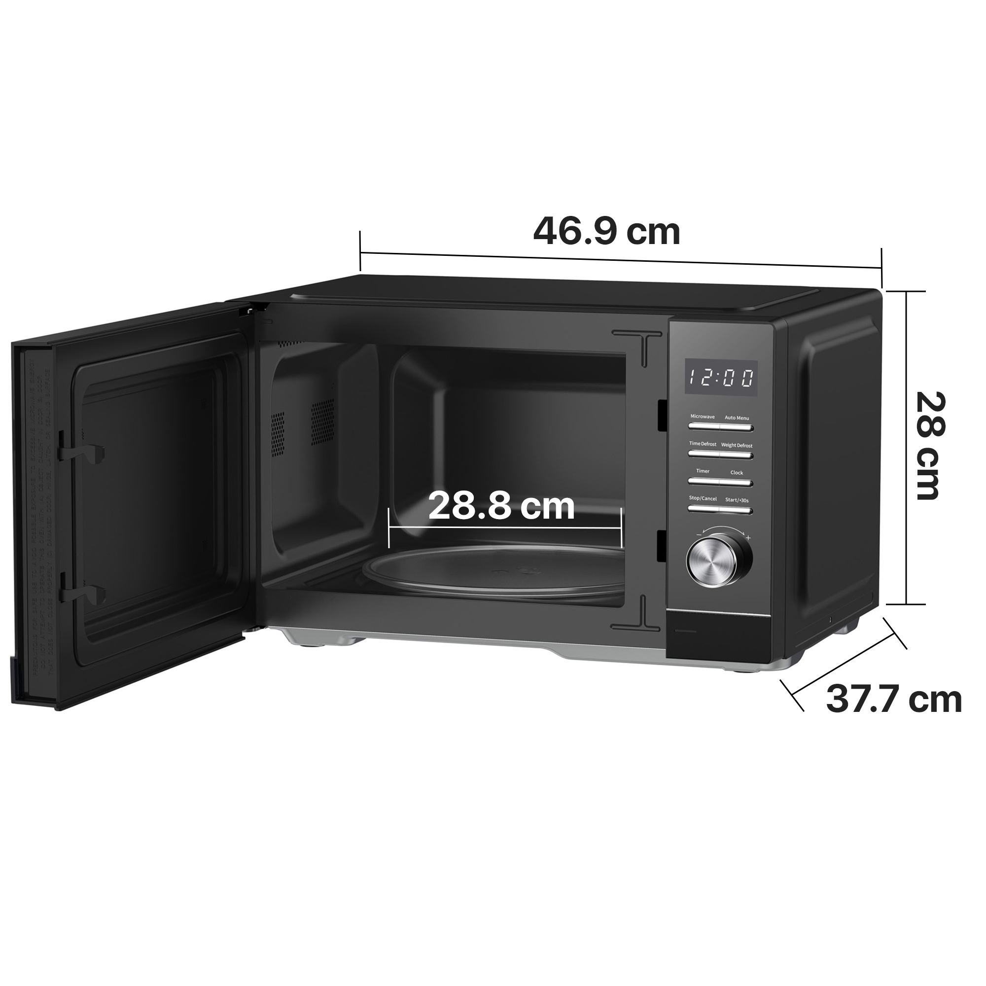 Zwarte magnetron met geopende deur. Afmetingen: 46,9 cm B, 28 cm H, 37,7 cm D.
