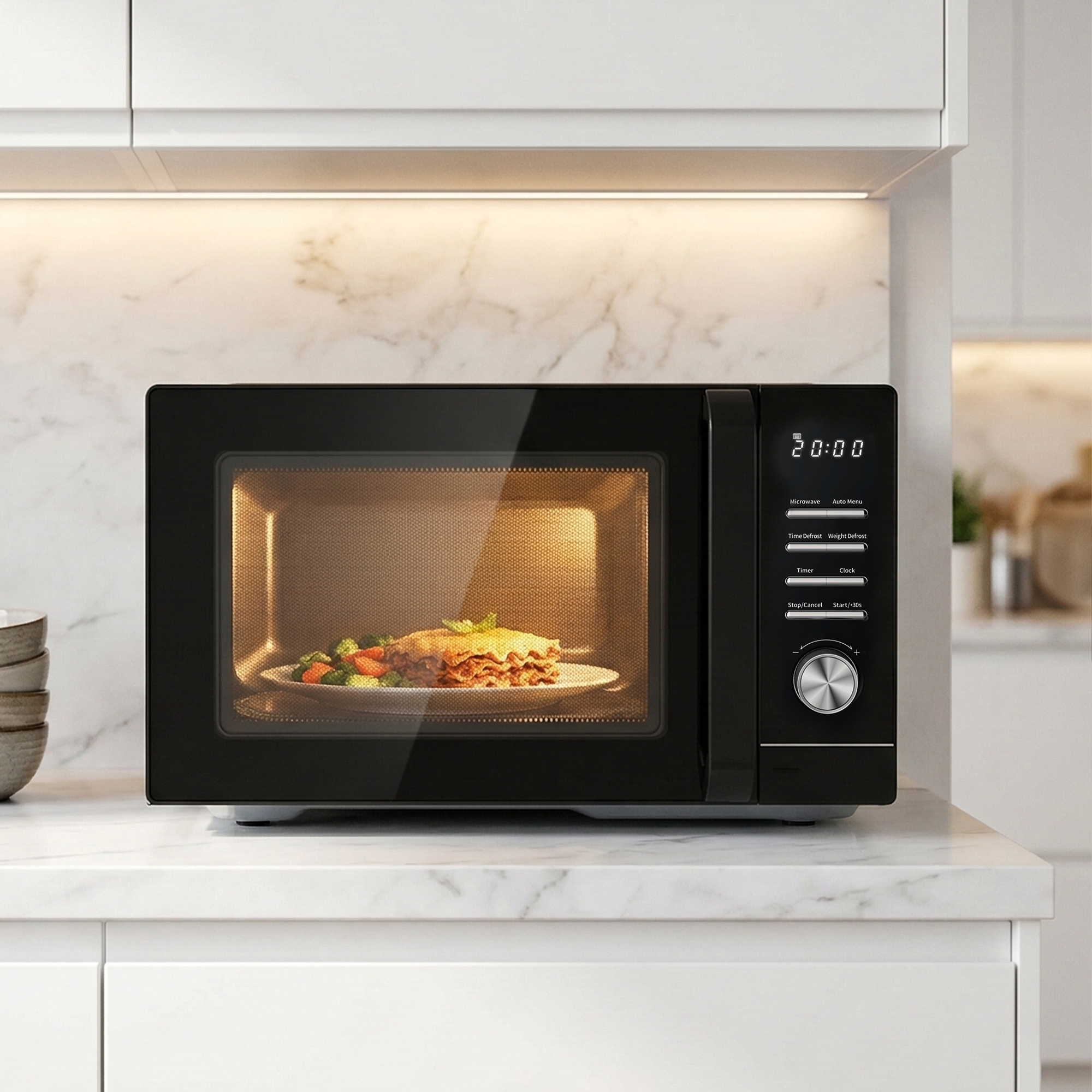 Zwarte magnetron met eten en digitaal display op marmeren aanrecht.