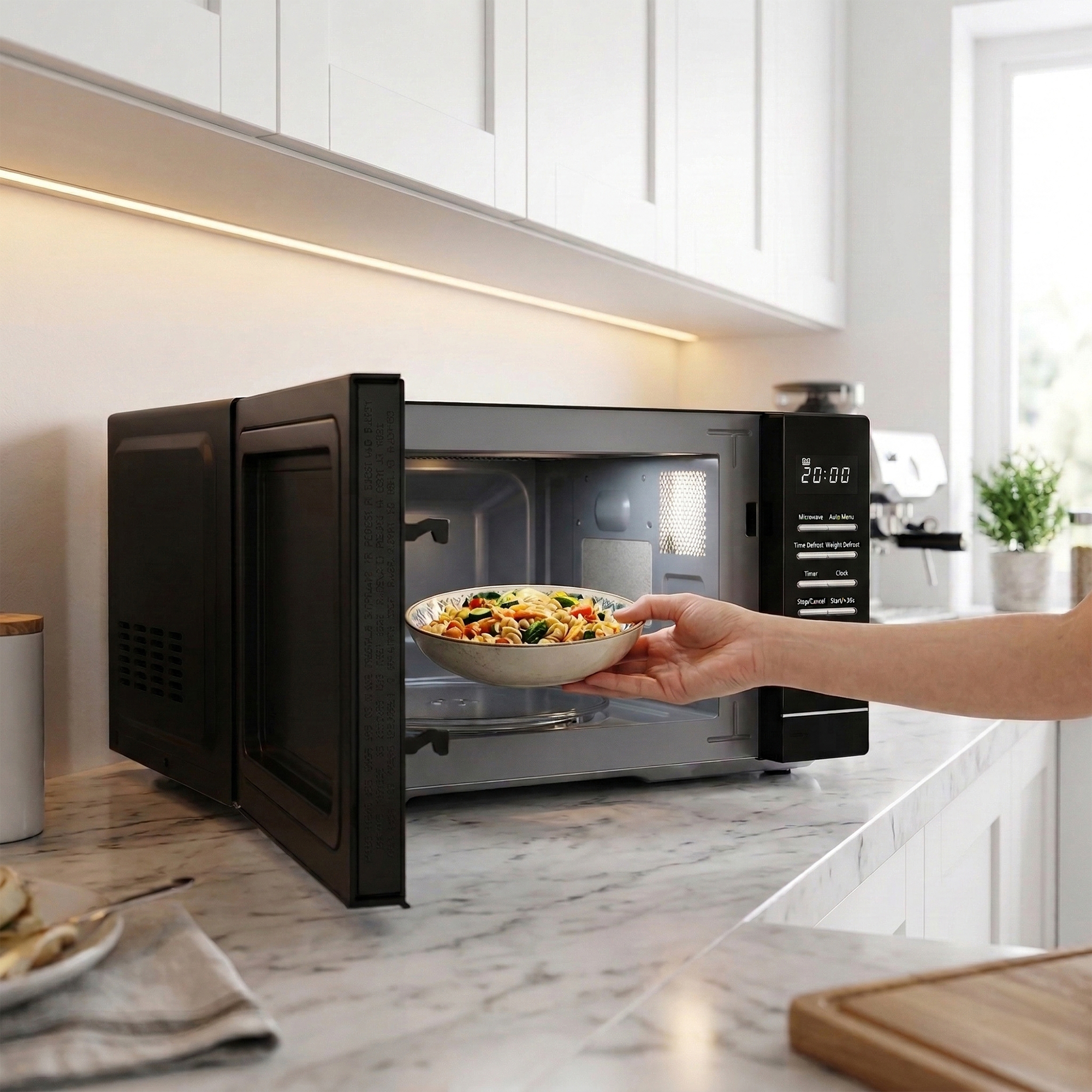 Een hand plaatst een kom pasta in een open magnetron.