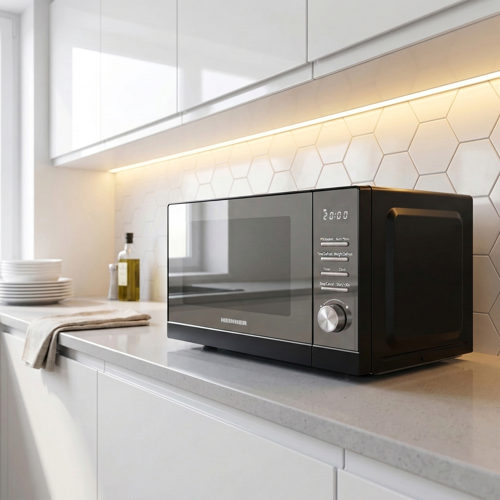 Een zwarte HEINNER magnetron staat op een aanrecht in een moderne keuken.