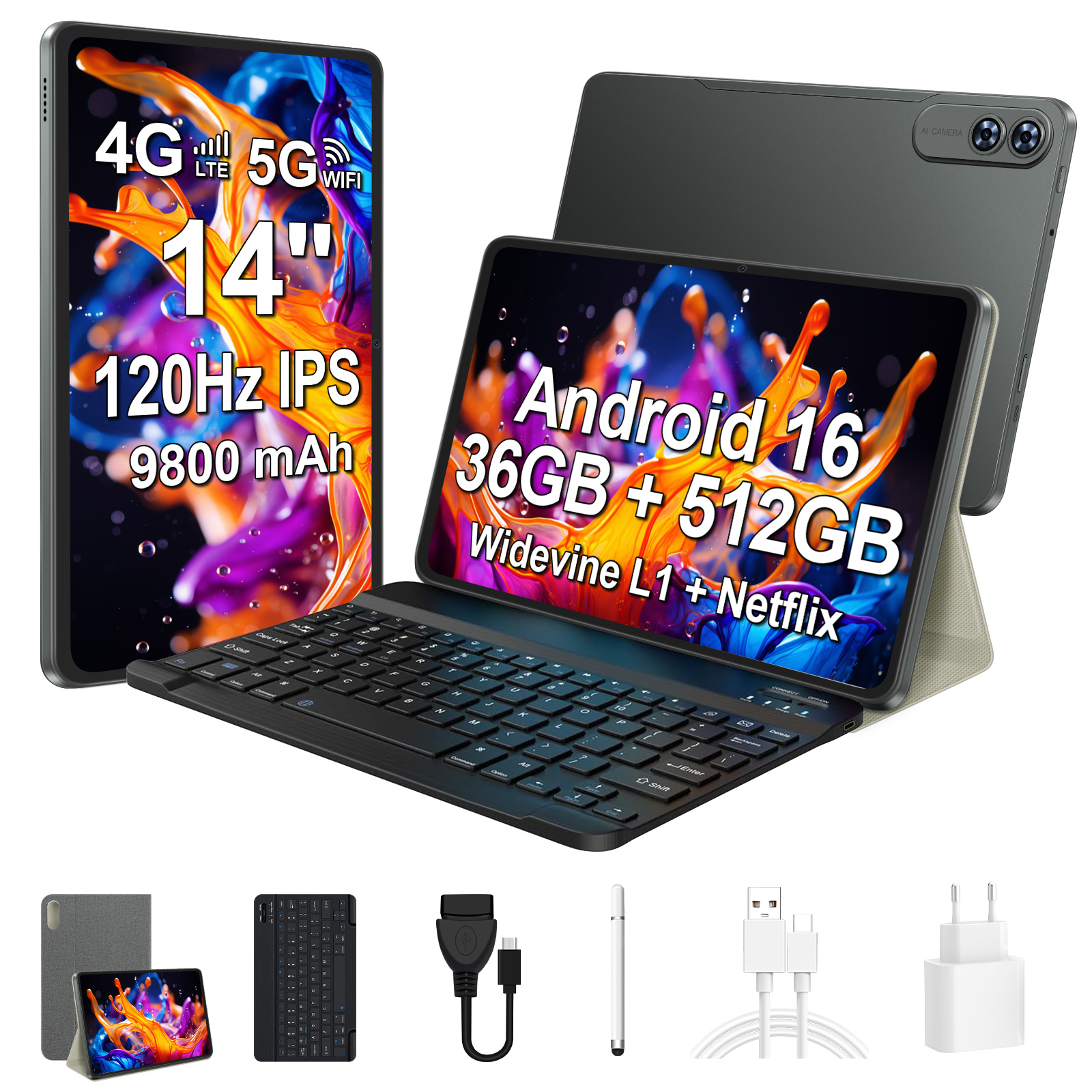Ein 14-Zoll-Tablet mit Tastatur, Stift und Zubehör. Details: 4G/5G, 120Hz, 9800 mAh.