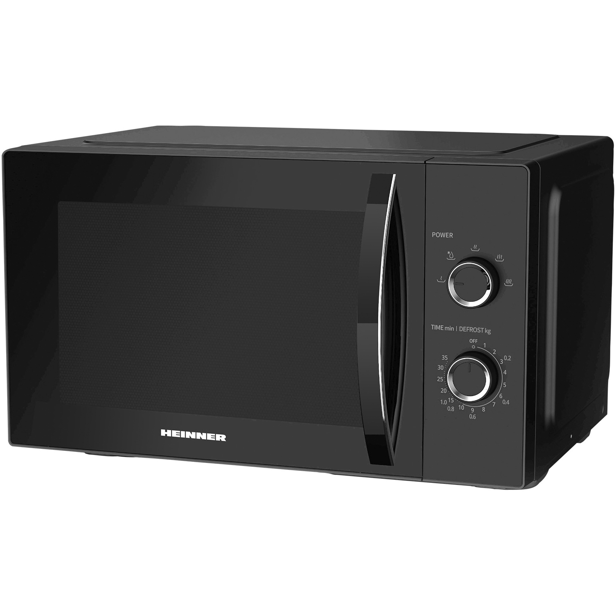 Black microwave with rotary dials for time and power settings.