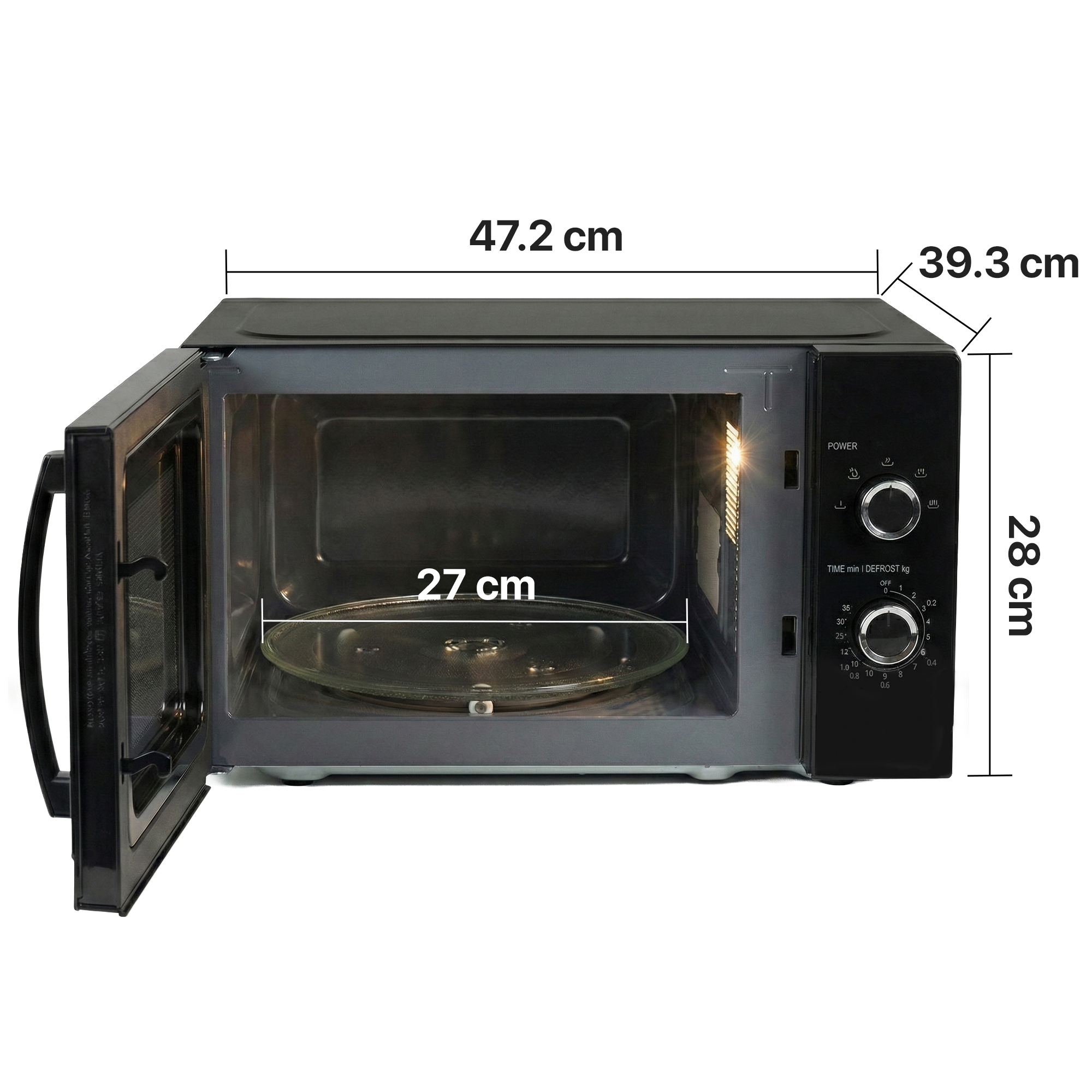 Black microwave oven, open, with dimensions 47.2x39.3x28cm and 27cm turntable.