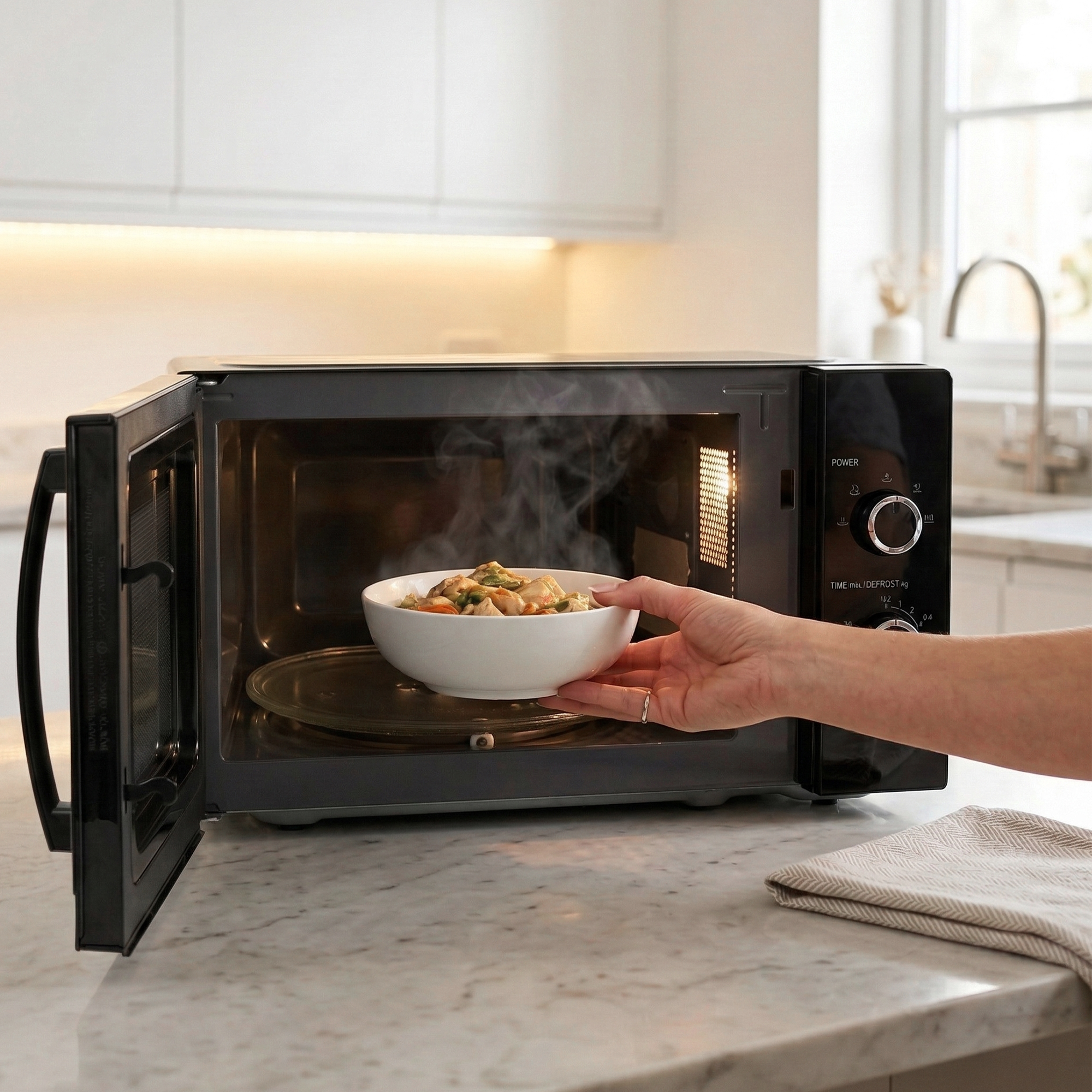 A hand removes a bowl of steaming food from a microwave oven.