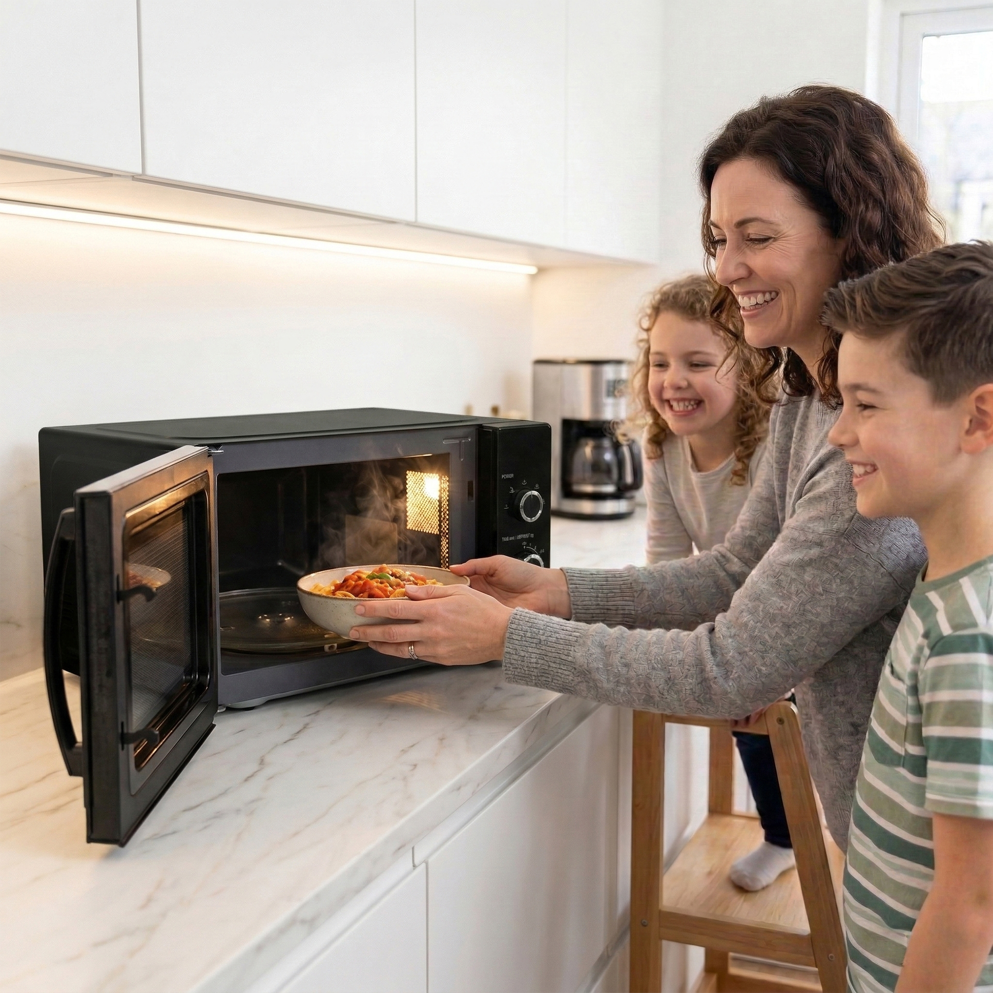 A woman removes a bowl of steaming food from a microwave as children watch.