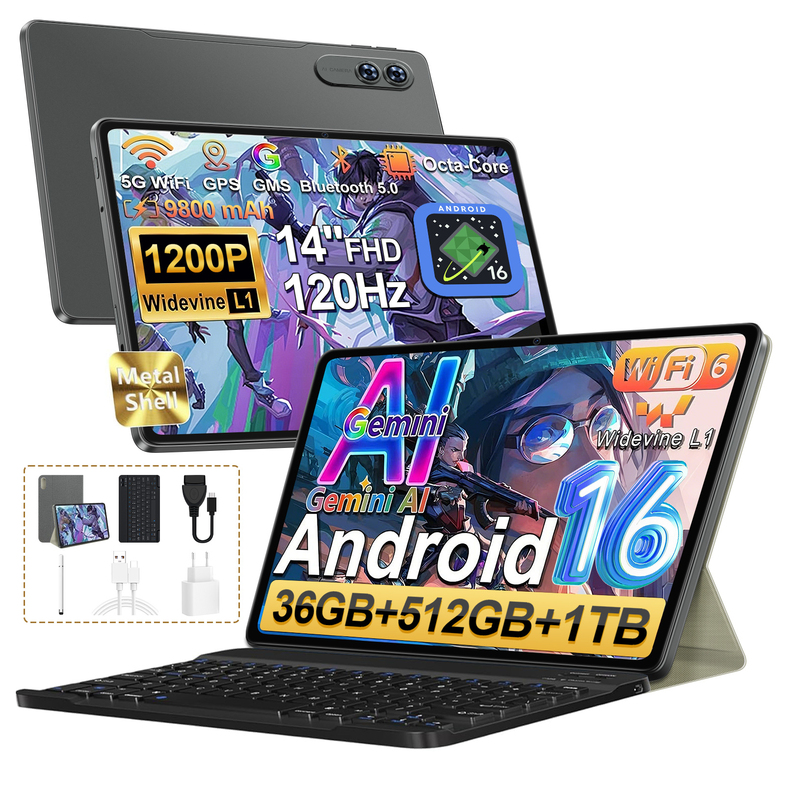 Ein graues Tablet mit einem großen Bildschirm, das Zubehör zeigt.