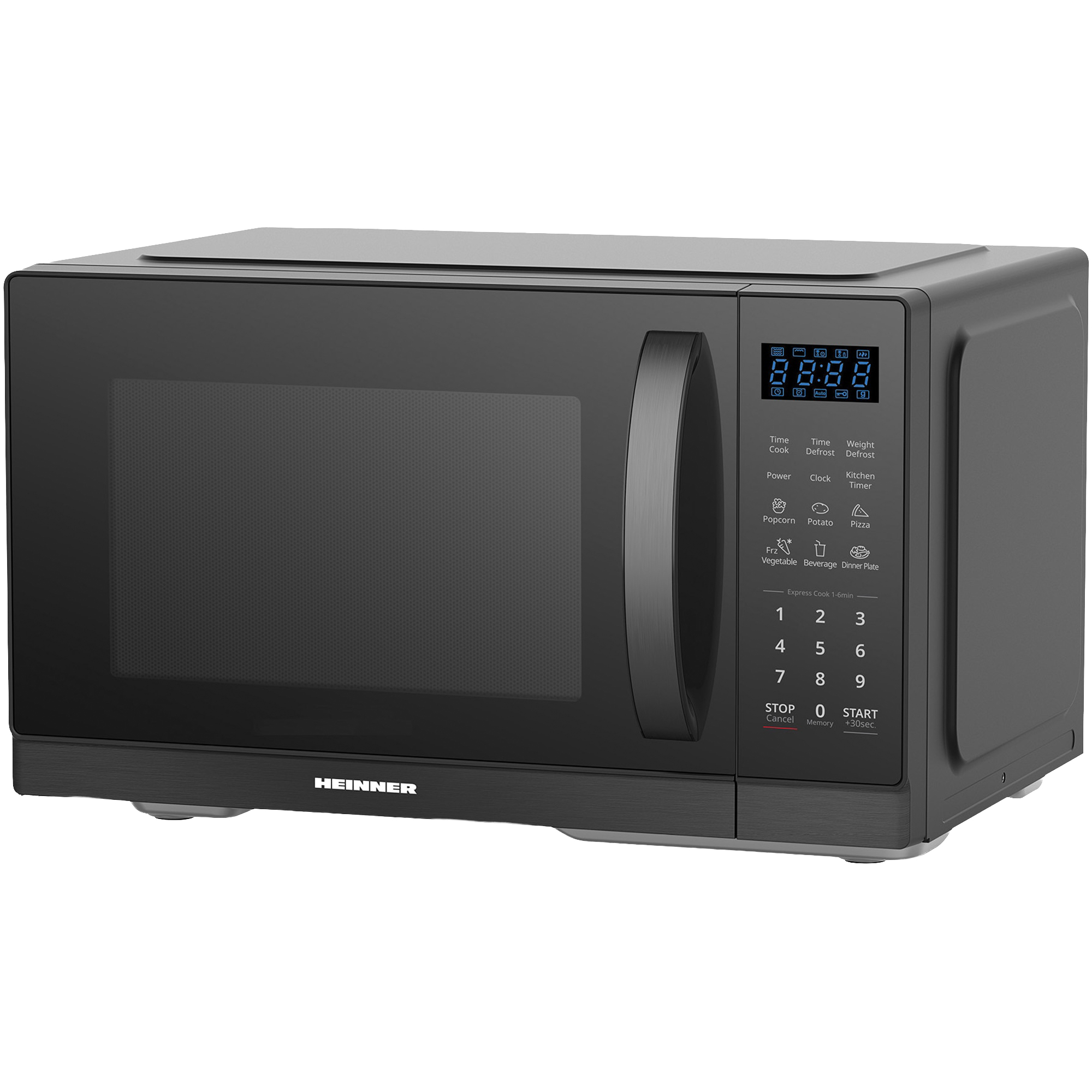 A black Heinner microwave with a digital display and control panel.
