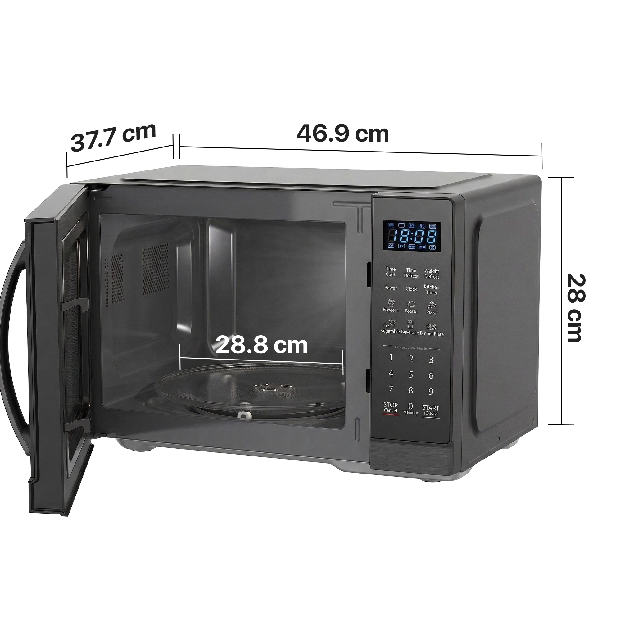Gray microwave with open door. Dimensions: 46.9x37.7x28 cm.
