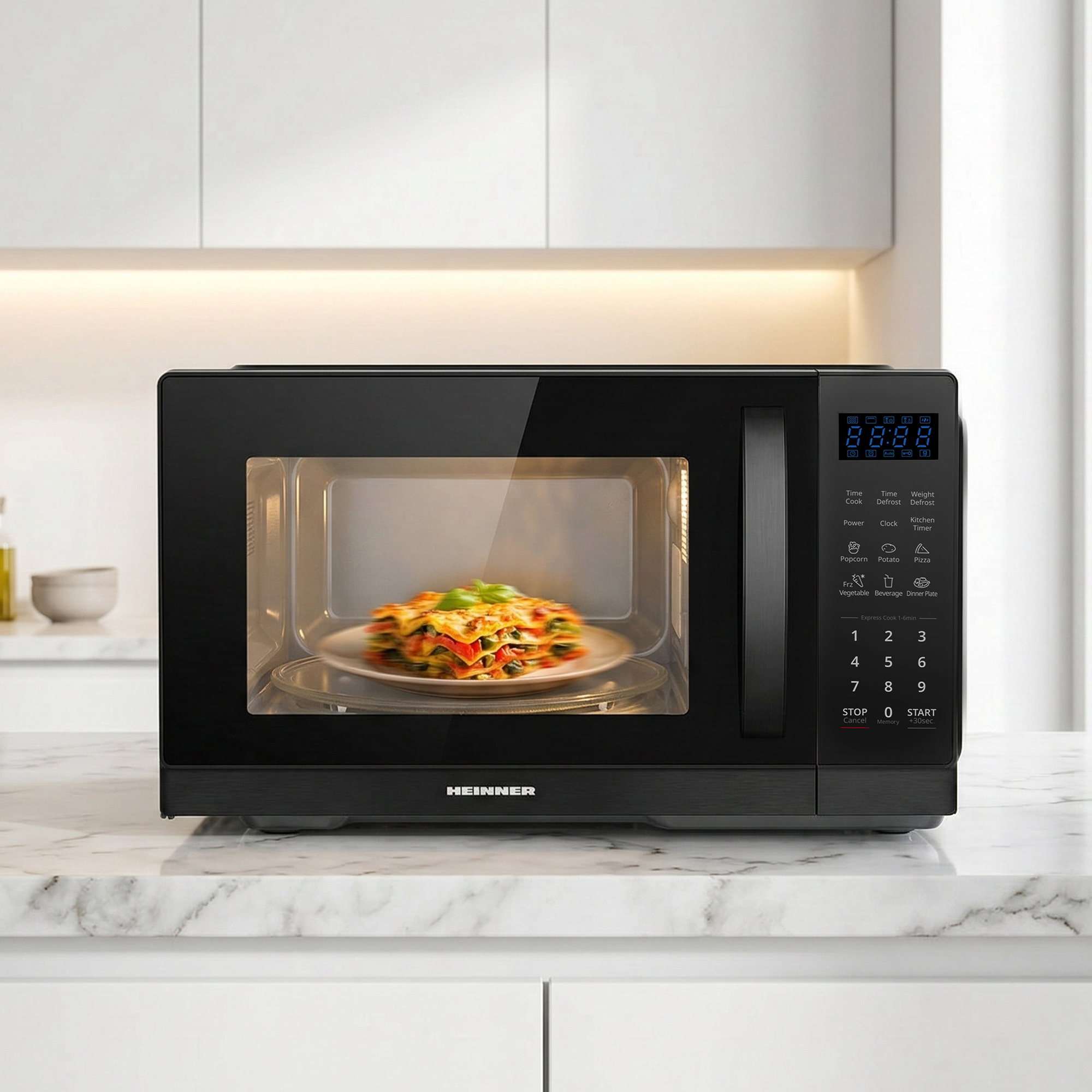 A black Heinner microwave with lasagna inside.