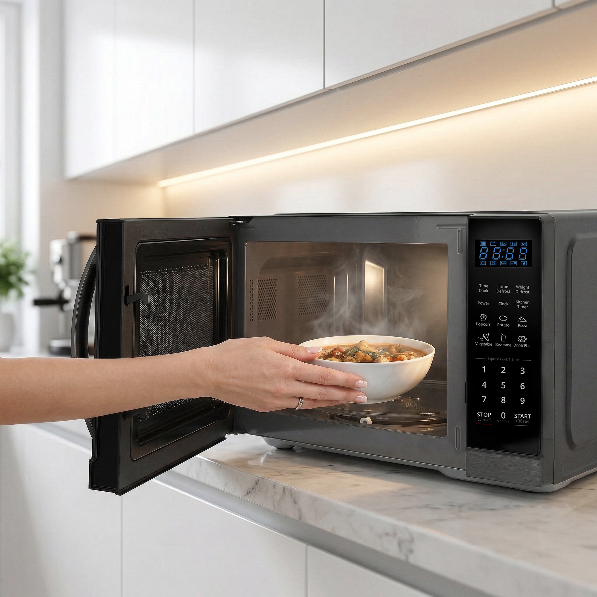 A hand places a steaming bowl of food into an open, dark microwave oven.