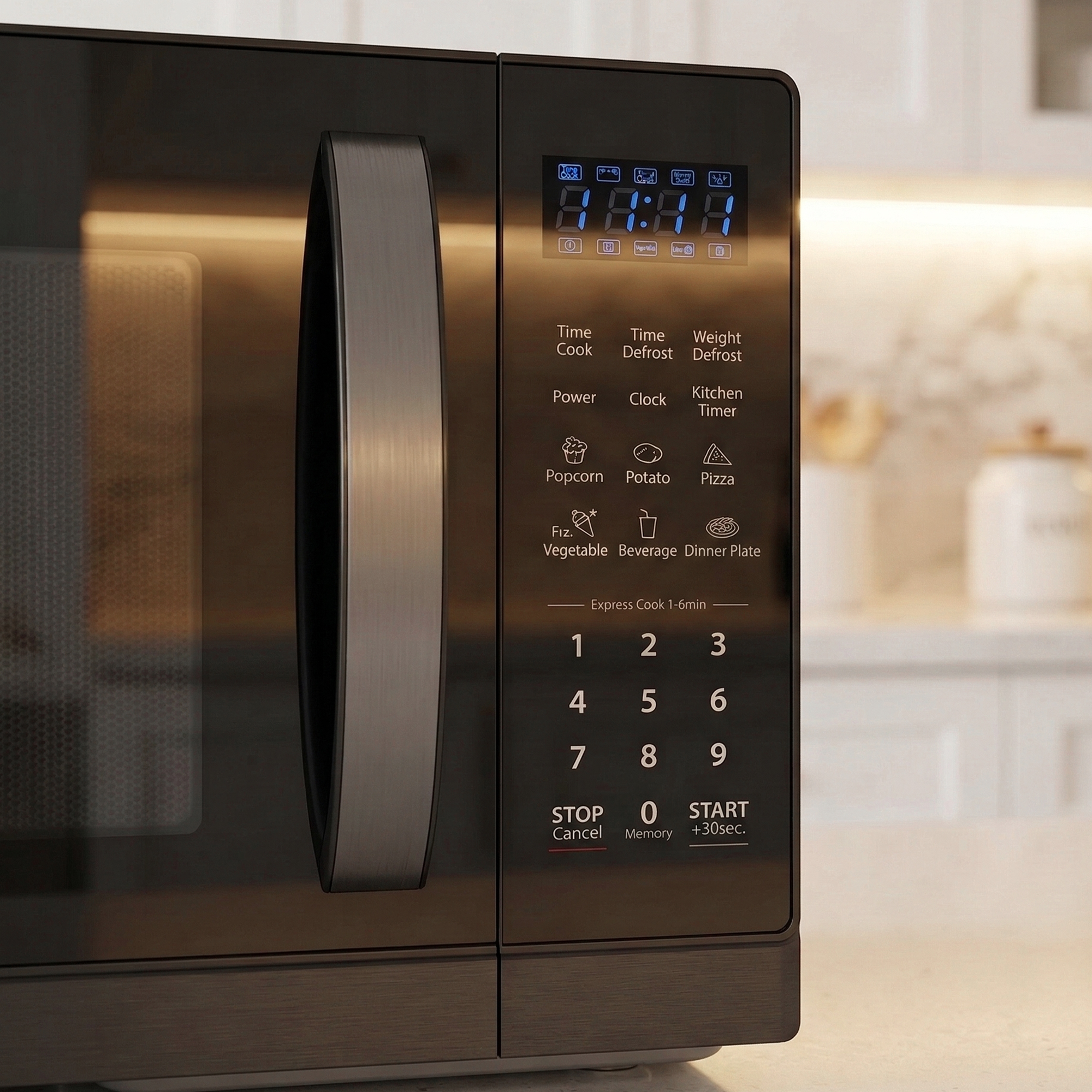 Dark microwave with digital display and keypad.