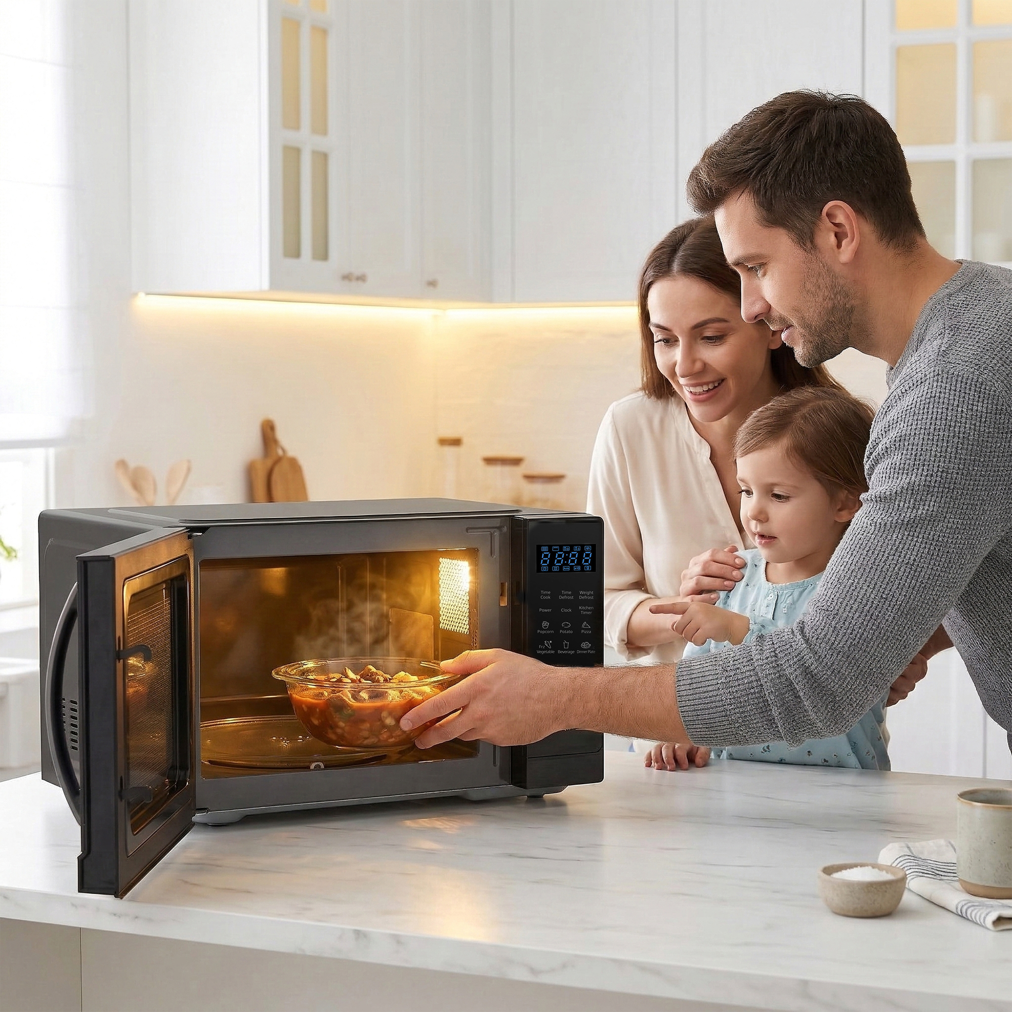 A man, woman, and child remove a bowl of food from an open microwave oven.