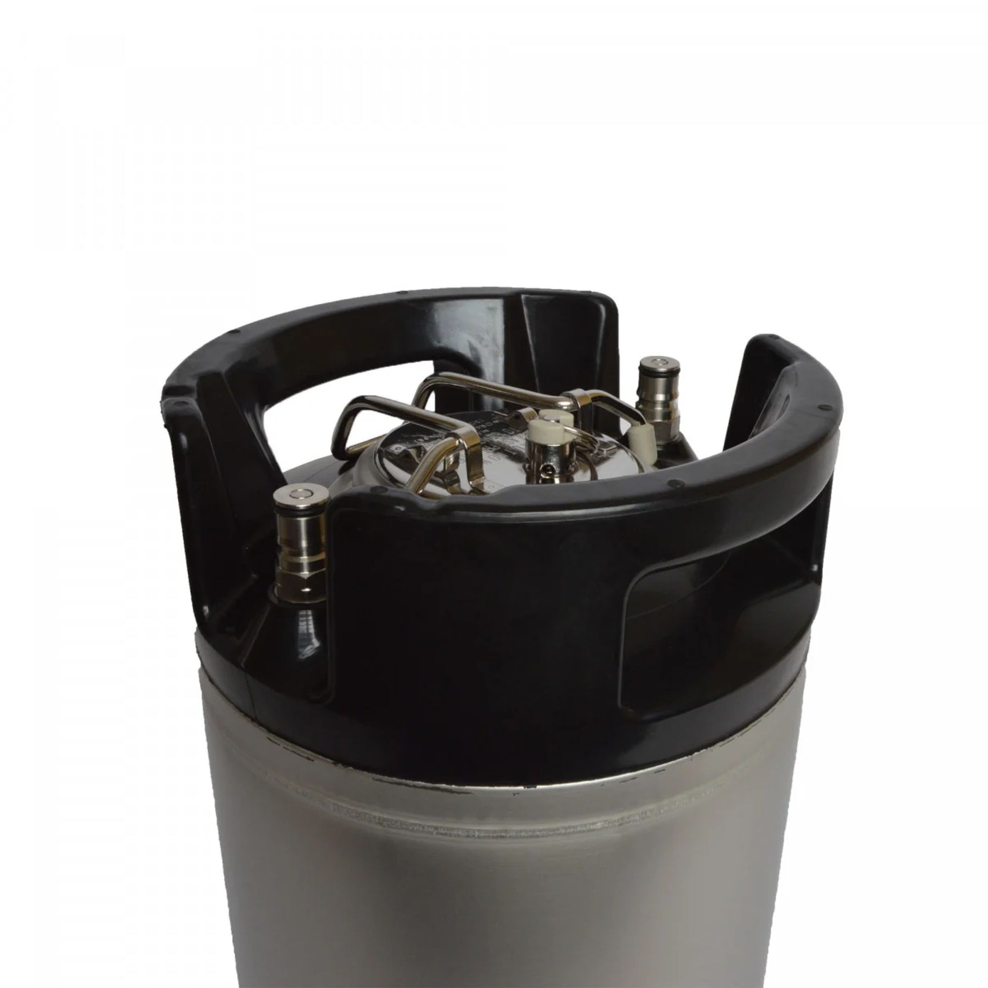 Een zilveren container met zwarte handgreep en metalen ventielen op witte achtergrond.