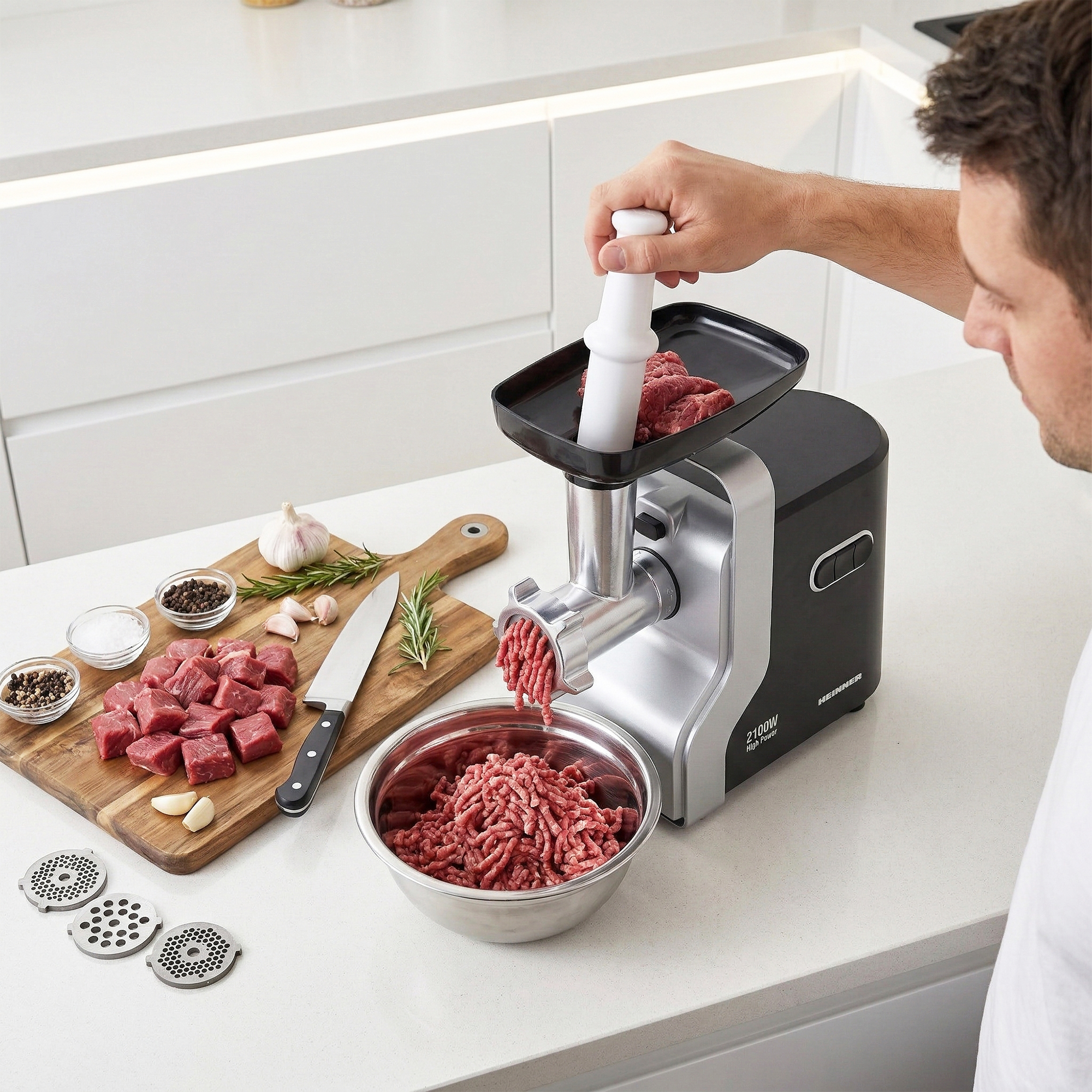 Ein Mann benutzt einen Fleischwolf, um Fleisch zu hacken. Zutaten liegen auf einem Holzbrett.