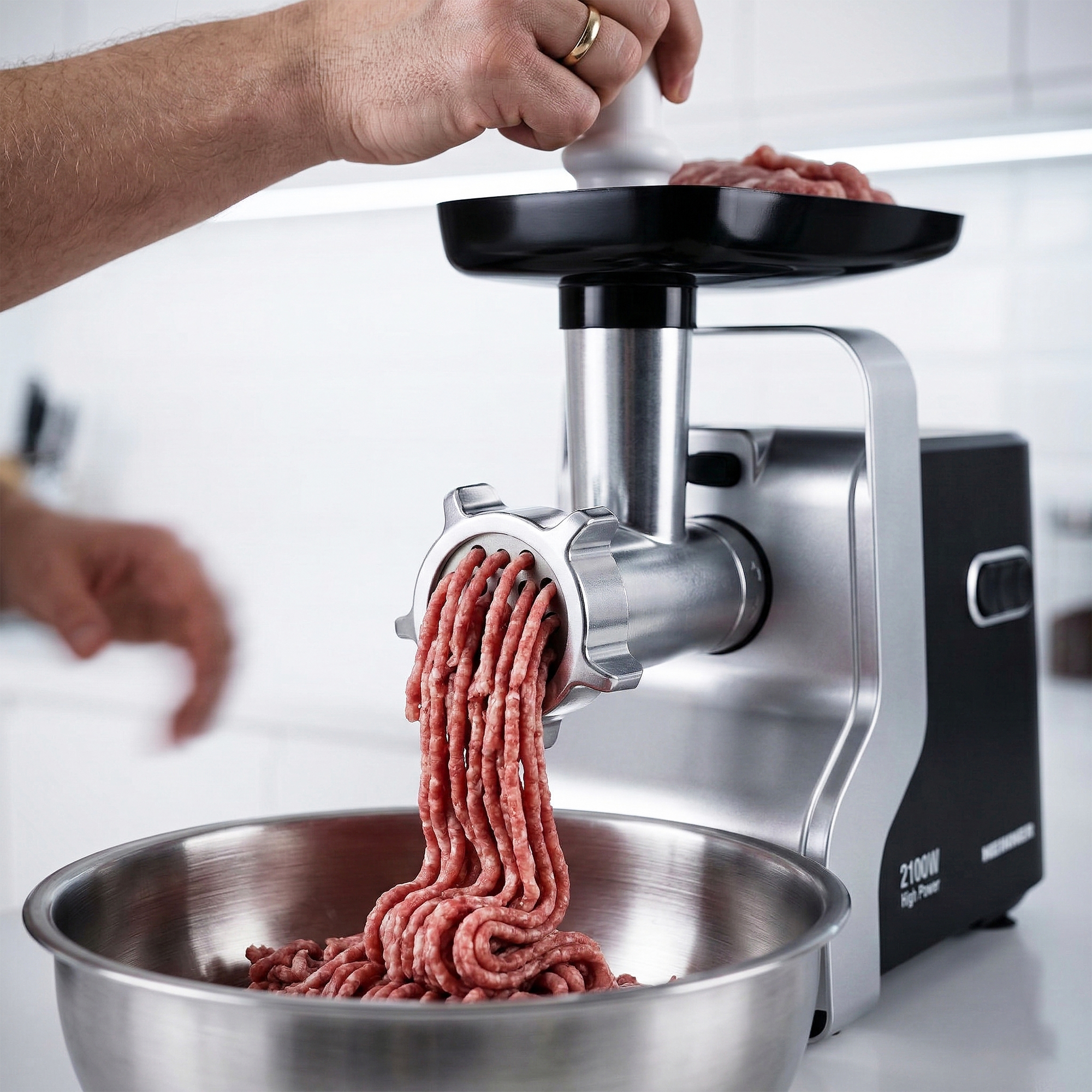 Eine Hand drückt Fleisch durch einen Fleischwolf in eine Schüssel.