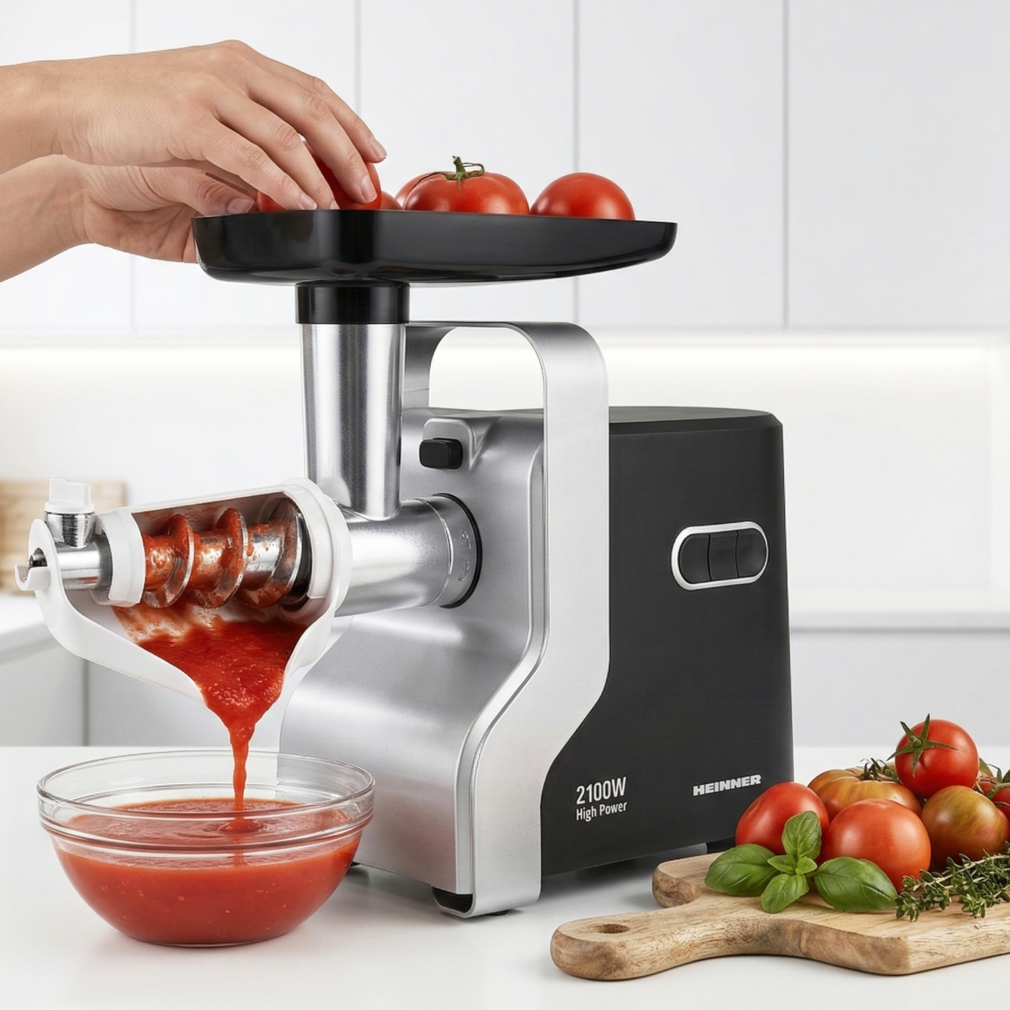 Eine Fleischwolfmaschine verarbeitet Tomaten zu Mus, das in eine Schüssel fließt.