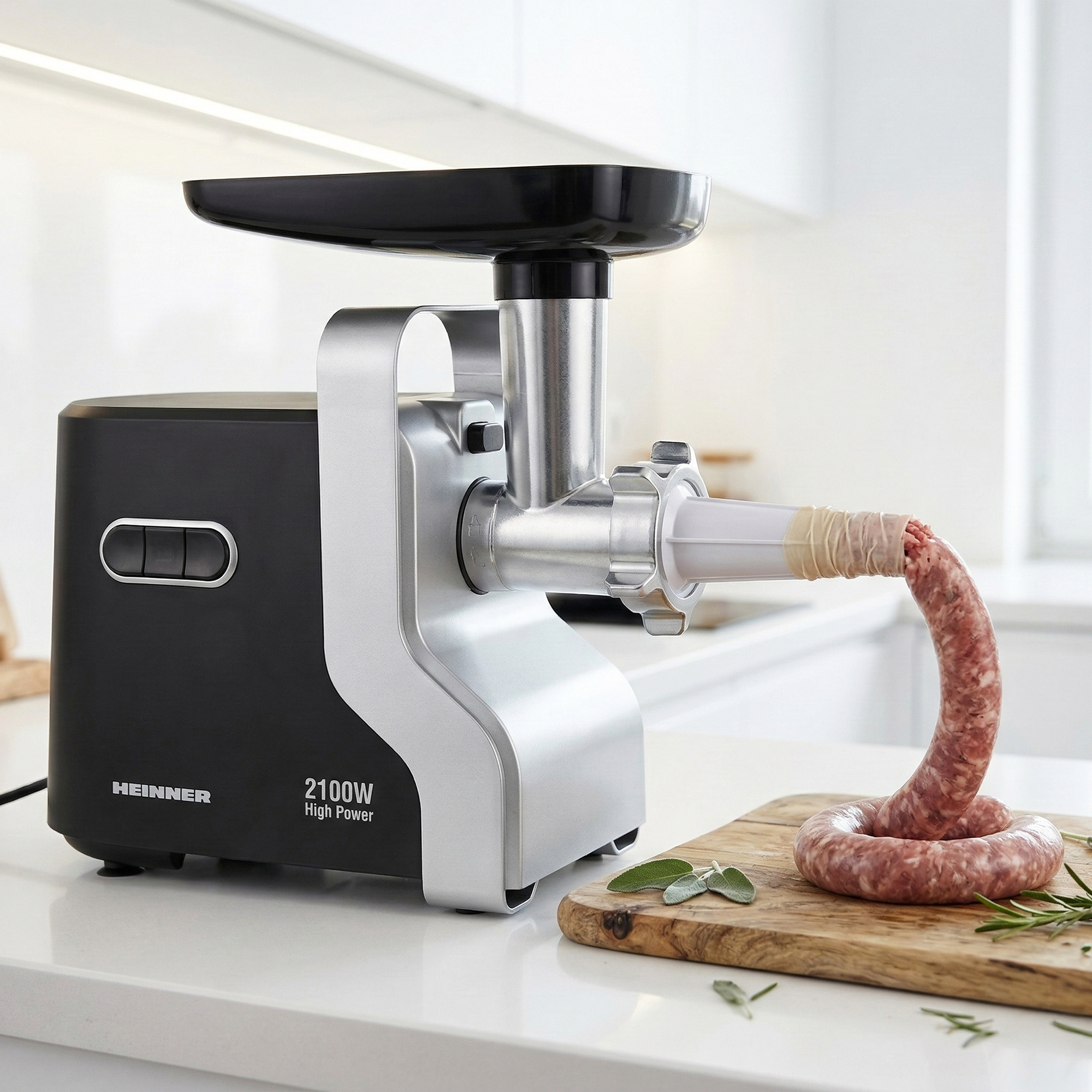 Eine Fleischwolfmaschine stellt eine Wurst auf einem Holzbrett her.