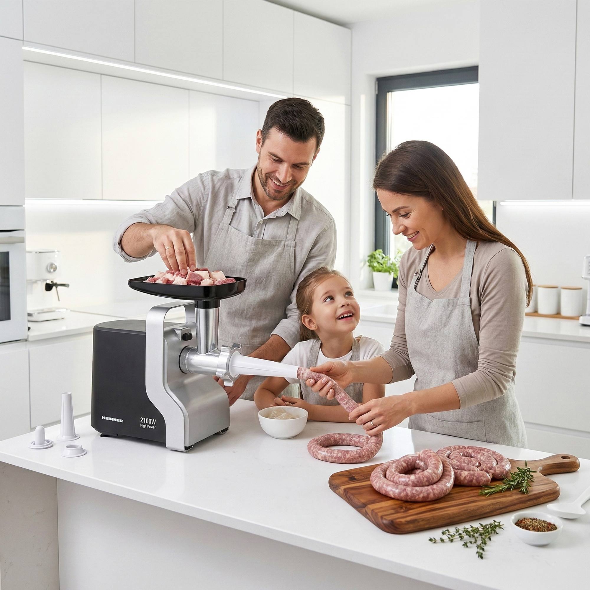 Familie macht Würste in einer modernen Küche mit einem Fleischwolf. Vater füttert Fleisch, Tochter schaut zu, Mutter hält Wurst.