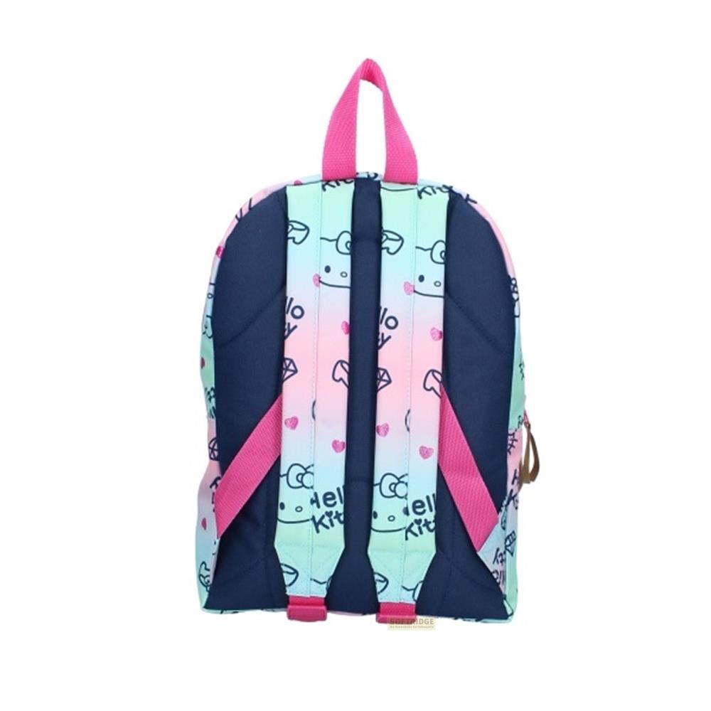 A navy blue backpack with a Hello Kitty pattern in pastel colors and pink straps.