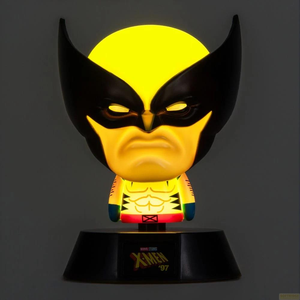 Eine leuchtende Wolverine-Figur mit schwarzer Maske und gelbem Gesicht.