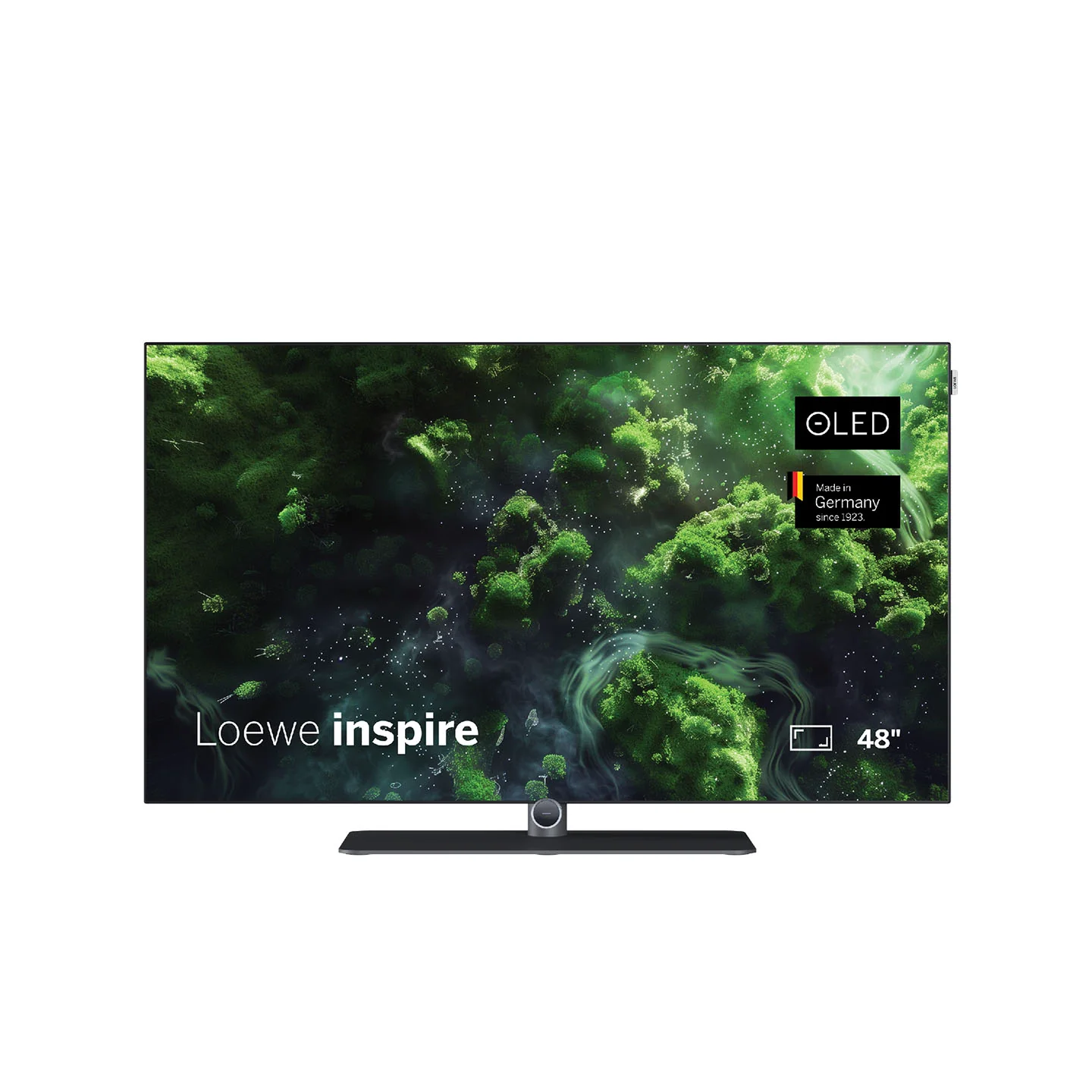 Yeşil bir manzara resmi gösteren 48 inç OLED Loewe inspire TV.
