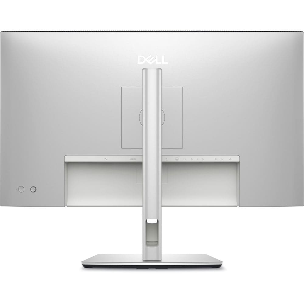 Gümüş Dell monitörün arkası, stant ve bağlantı noktaları.
