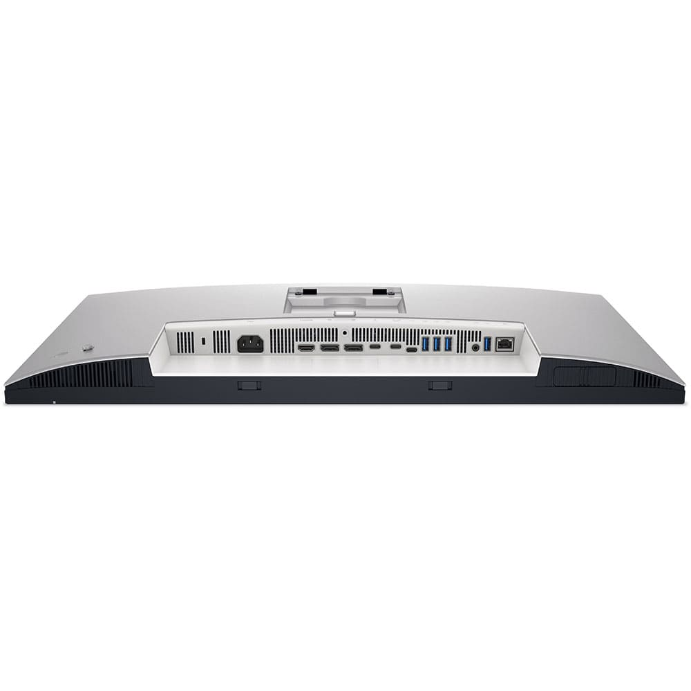 Monitörün arkası: güç, HDMI, USB-C, ses ve Ethernet bağlantı noktaları.