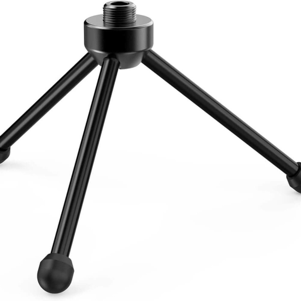 Üstte dişli konektörlü siyah bir tripod standı.