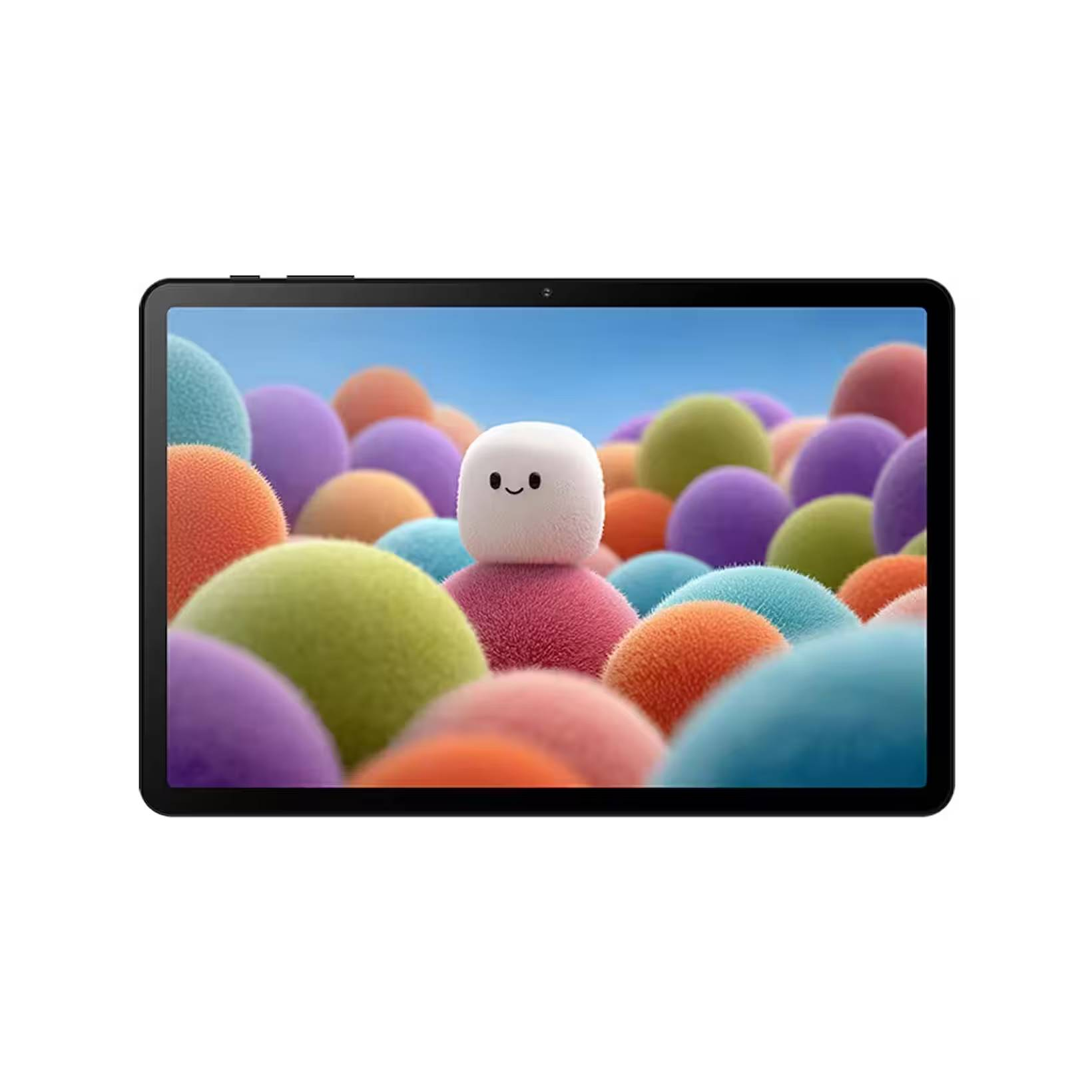 Un tablet mostra un personaggio stilizzato tra palline colorate e soffici sotto un cielo blu.