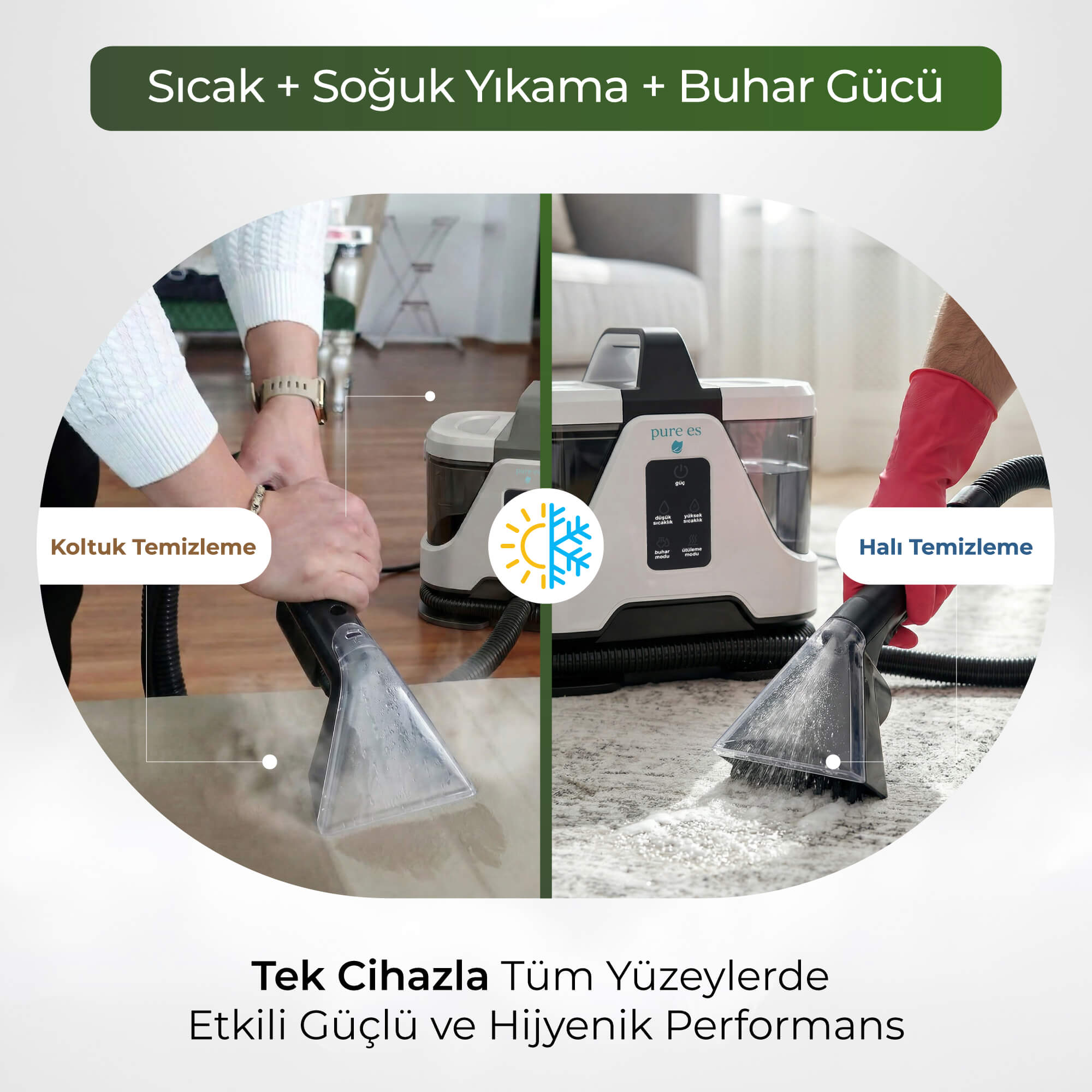 Bir temizlik cihazı, sıcak, soğuk su ve buhar gücüyle döşeme ve halı temizler.