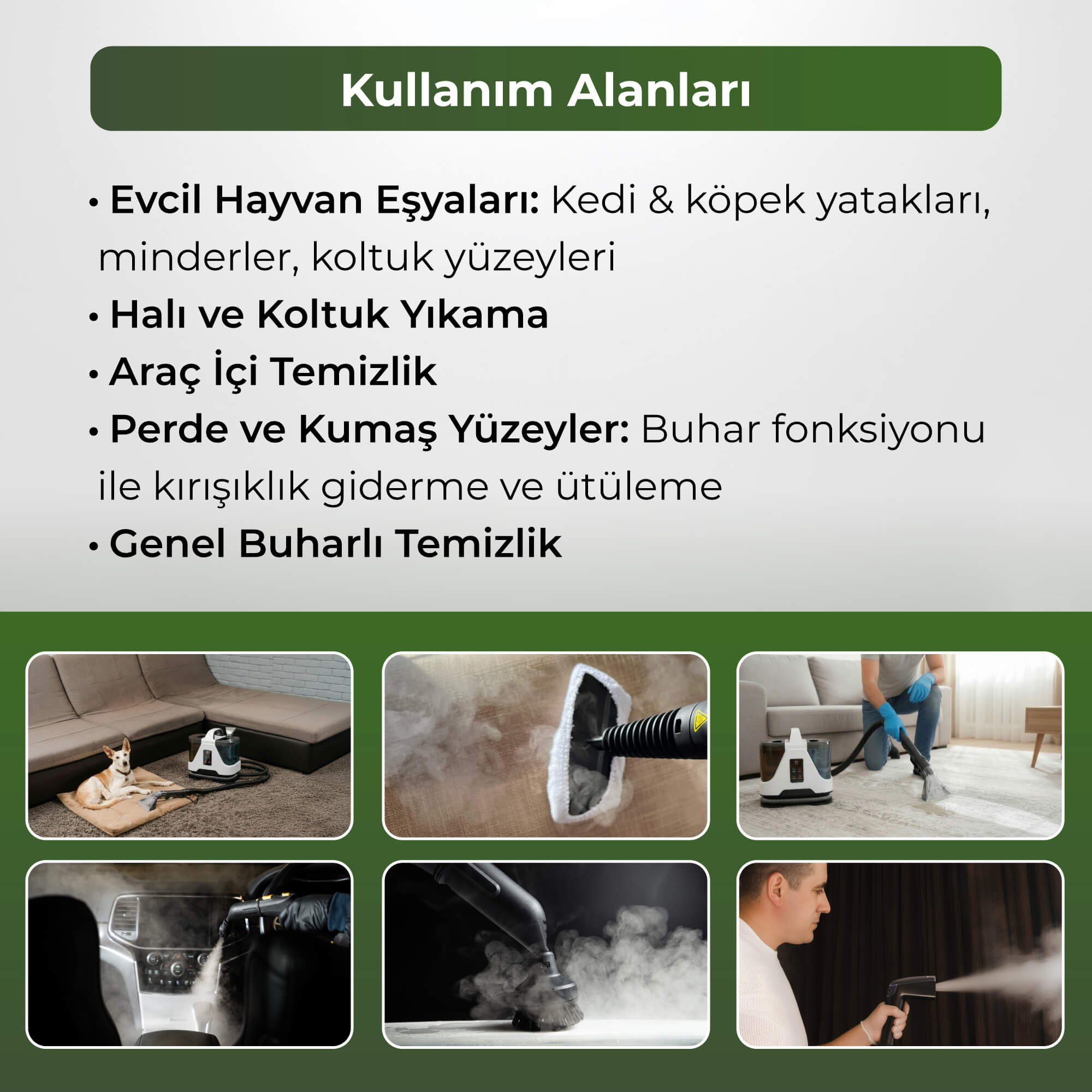 Evcil hayvan eşyaları, halılar, arabalar, perdeler ve genel temizlik için buharlı temizleyici.