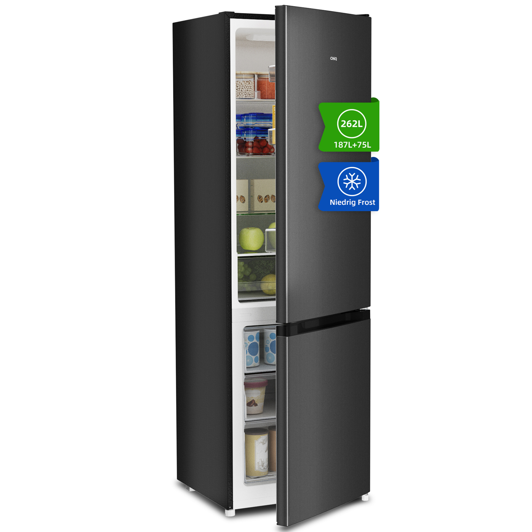 Réfrigérateur noir porte ouverte, rempli de nourriture. Capacité 262L.