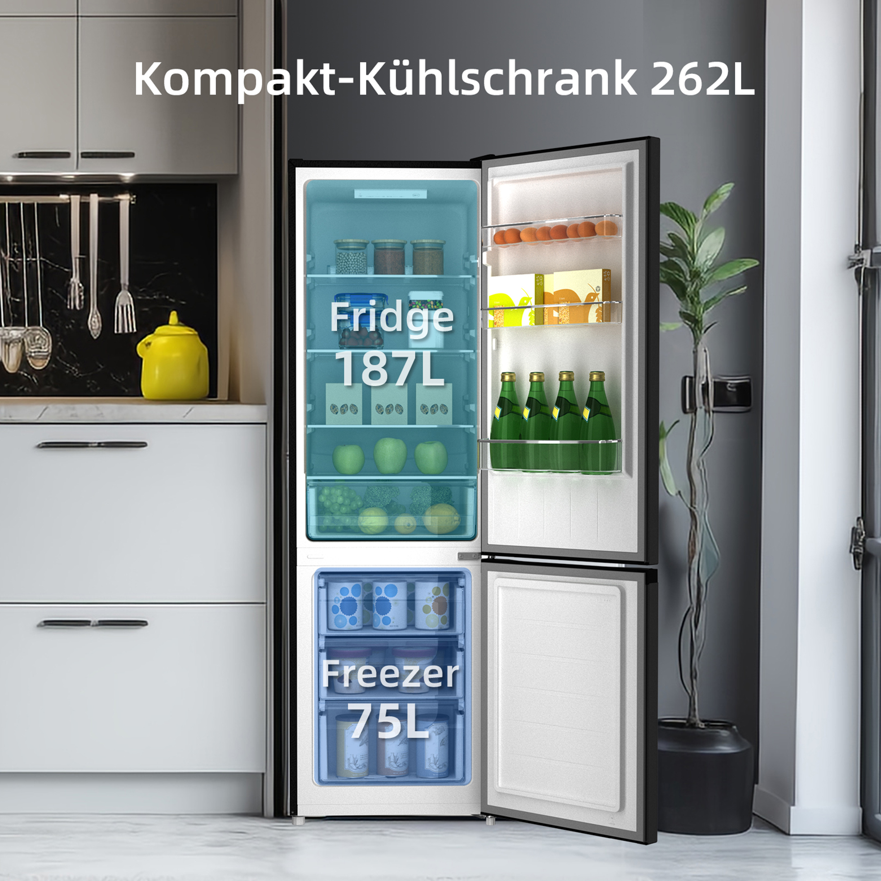 Un réfrigérateur ouvert avec 187L de réfrigération et 75L de congélation. Rempli d'aliments.