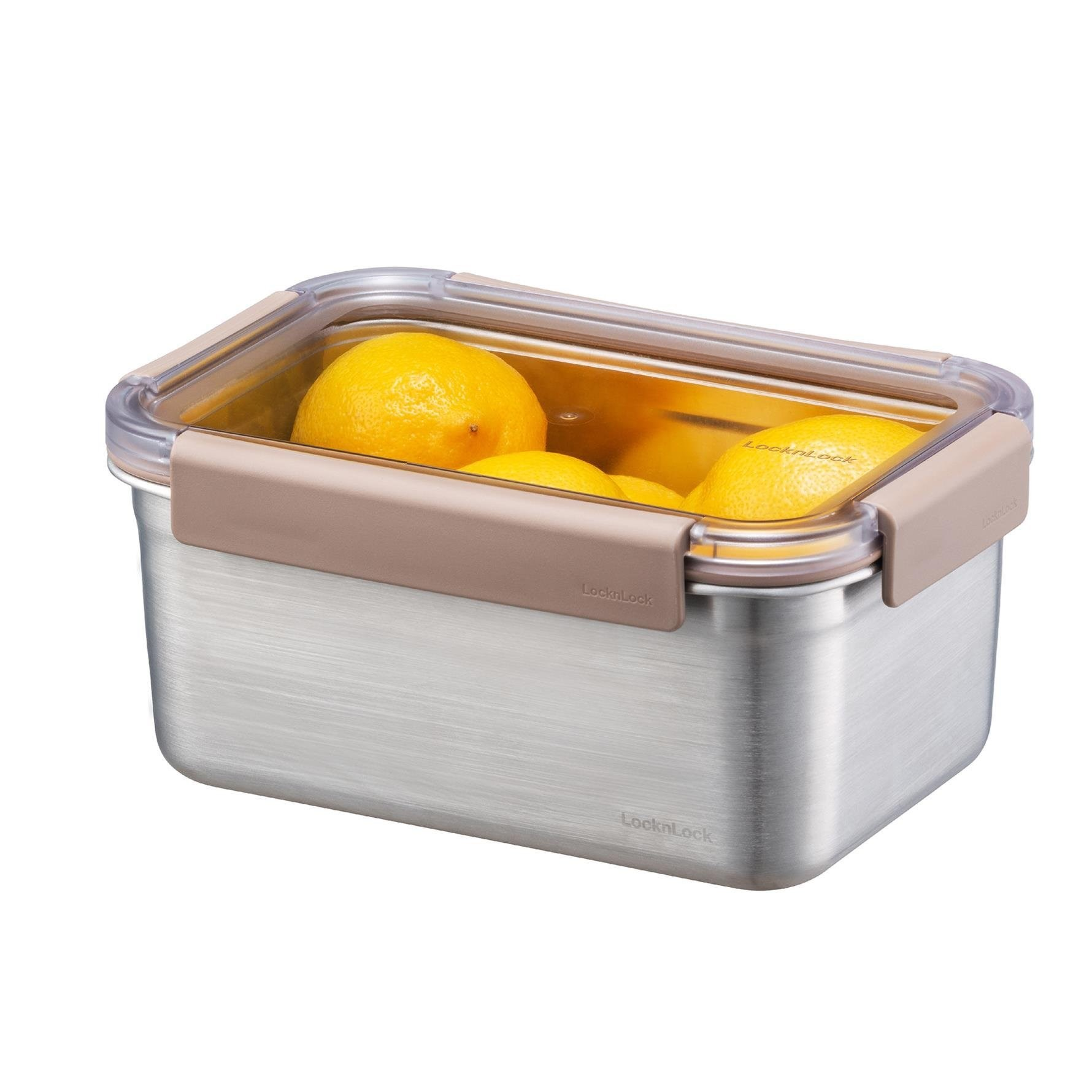 Dört limonlu, şeffaf kapaklı paslanmaz çelik saklama kabı.
