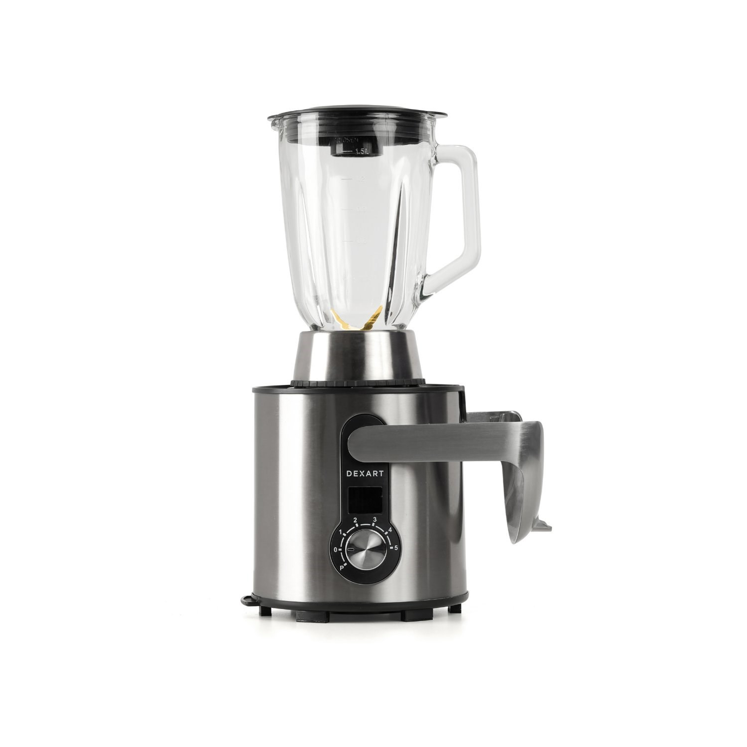 Gümüş blender, cam sürahi ve siyah kapaklı, beyaz zeminde.