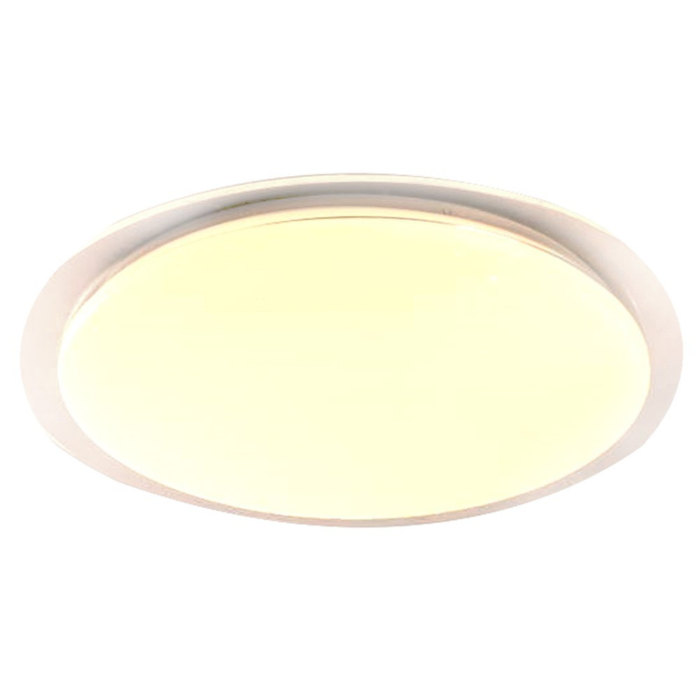 Una lámpara de techo redonda y blanca con un brillo amarillo brillante.