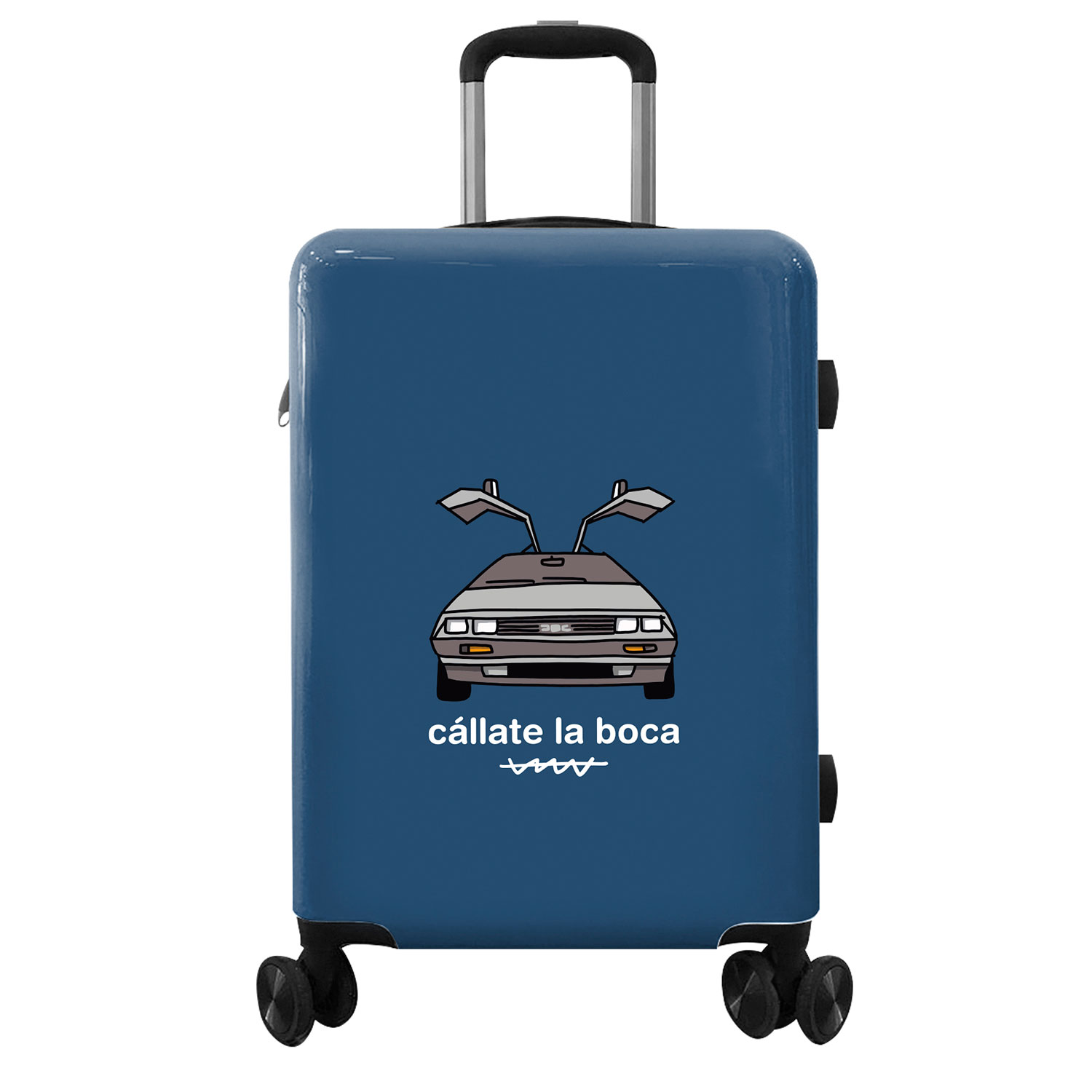 Una maleta azul con un coche DeLorean y texto en español.
