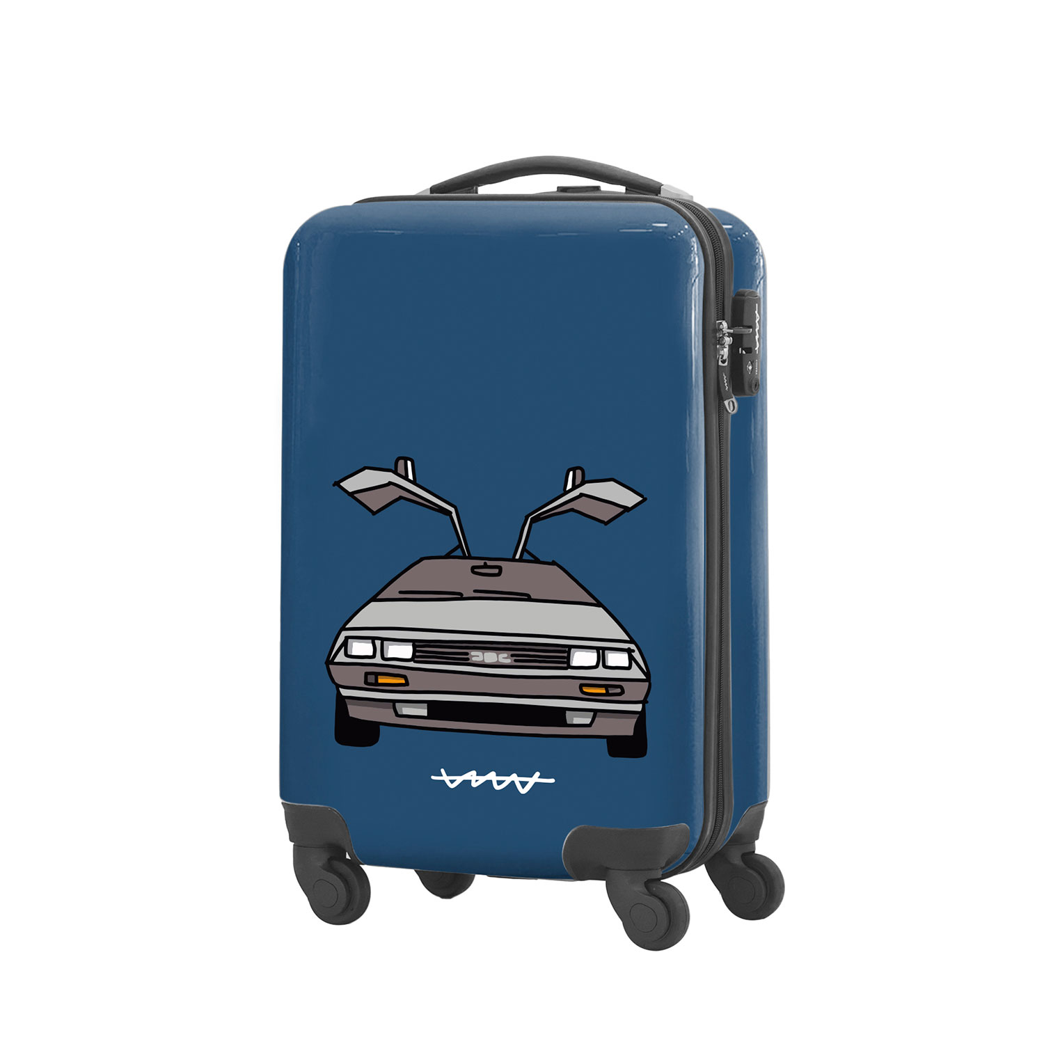 Maleta azul con gráfico de DeLorean, puertas de ala de gaviota abiertas.