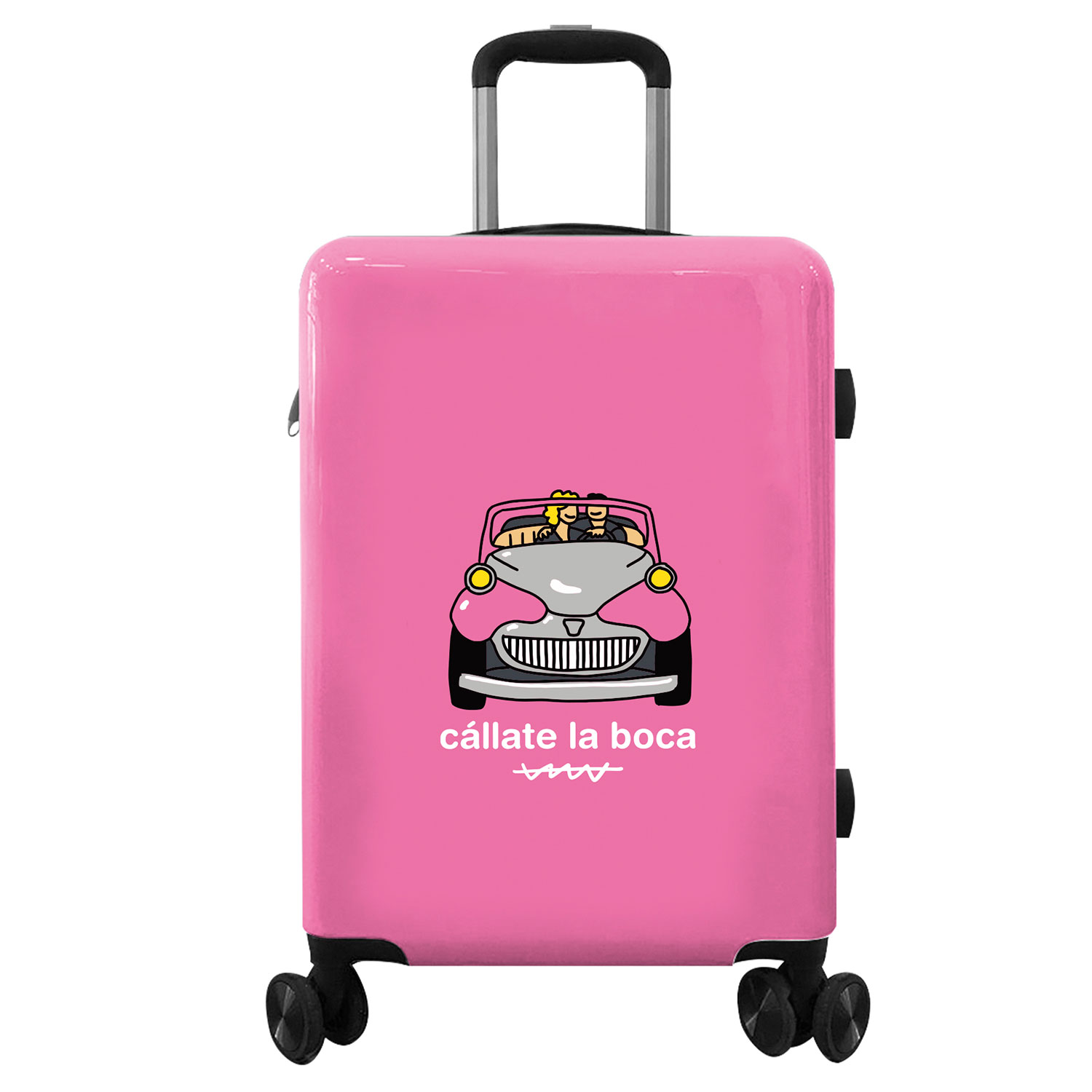 Una maleta rosa con "cállate la boca" y un coche de dibujos animados.