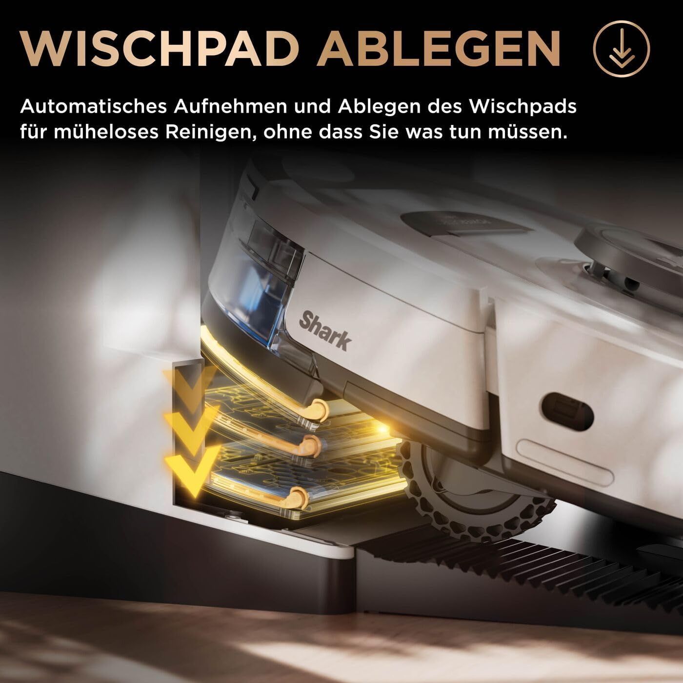 A white robot vacuum deposits a cleaning pad. Yellow arrows indicate the action.