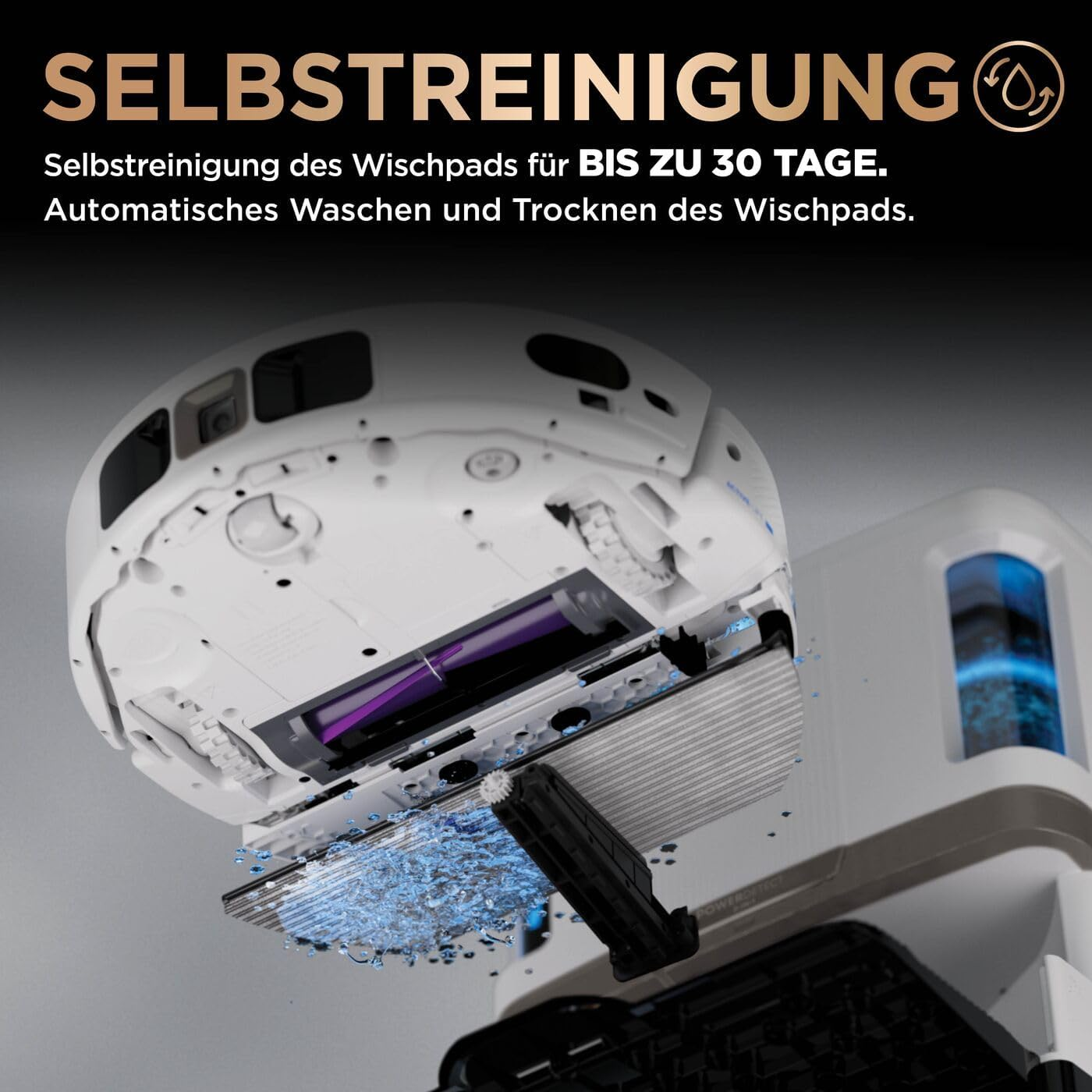 A robot vacuum cleans its mop pad with water. Text: Self-cleaning.