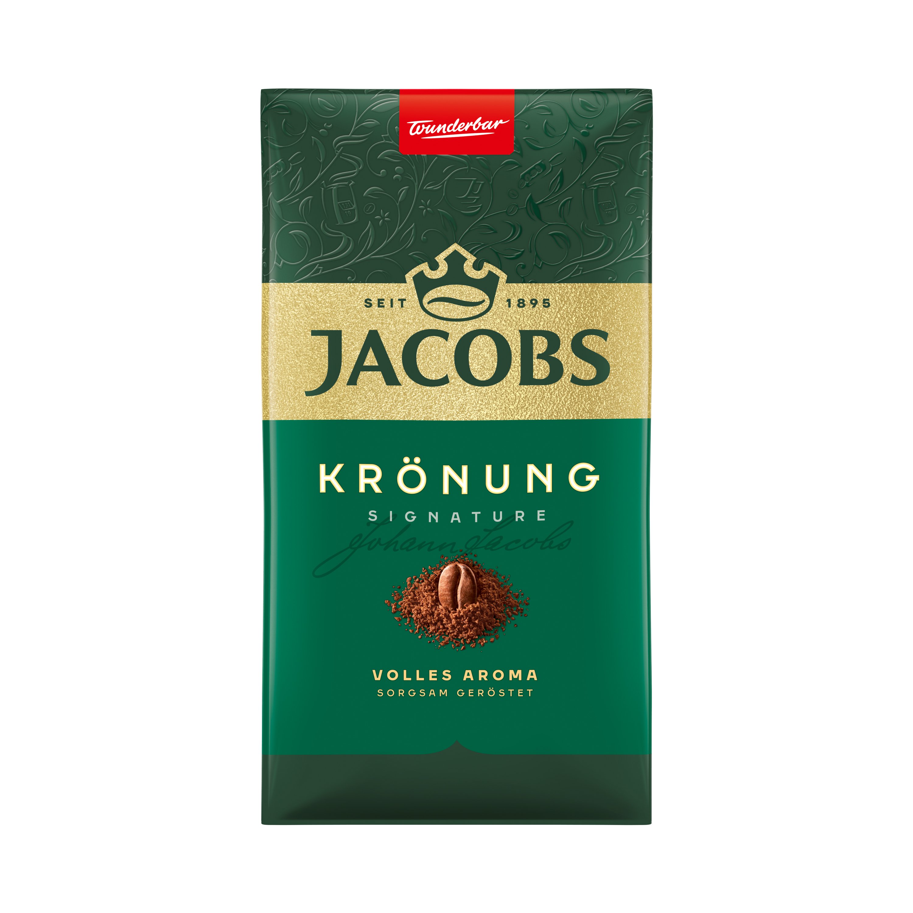 Jacobs Krönung Kaffee-Packung mit Kaffeebohne und Granulat.
