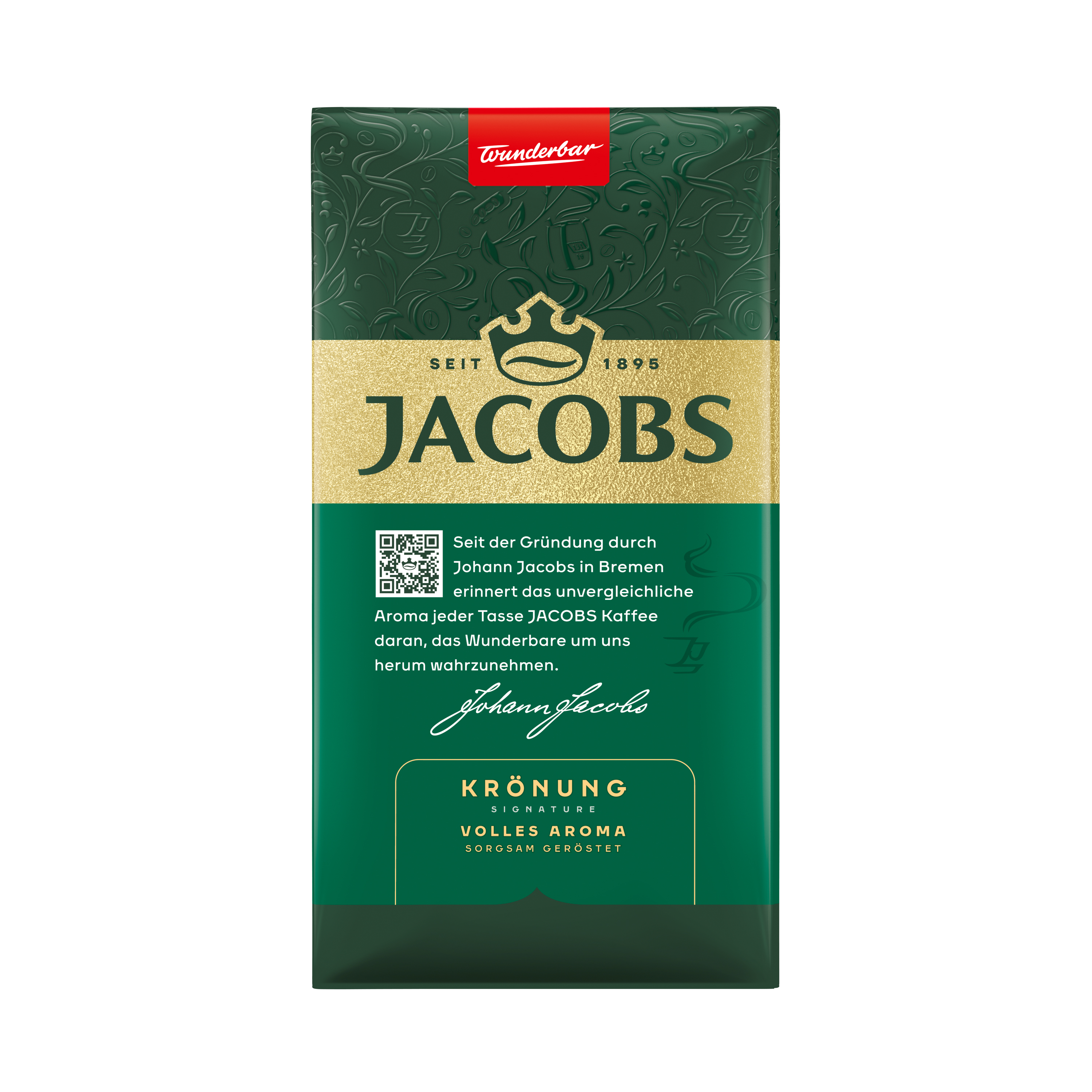 Jacobs Krönung Kaffee-Verpackung mit floralem Muster und goldenen Akzenten.