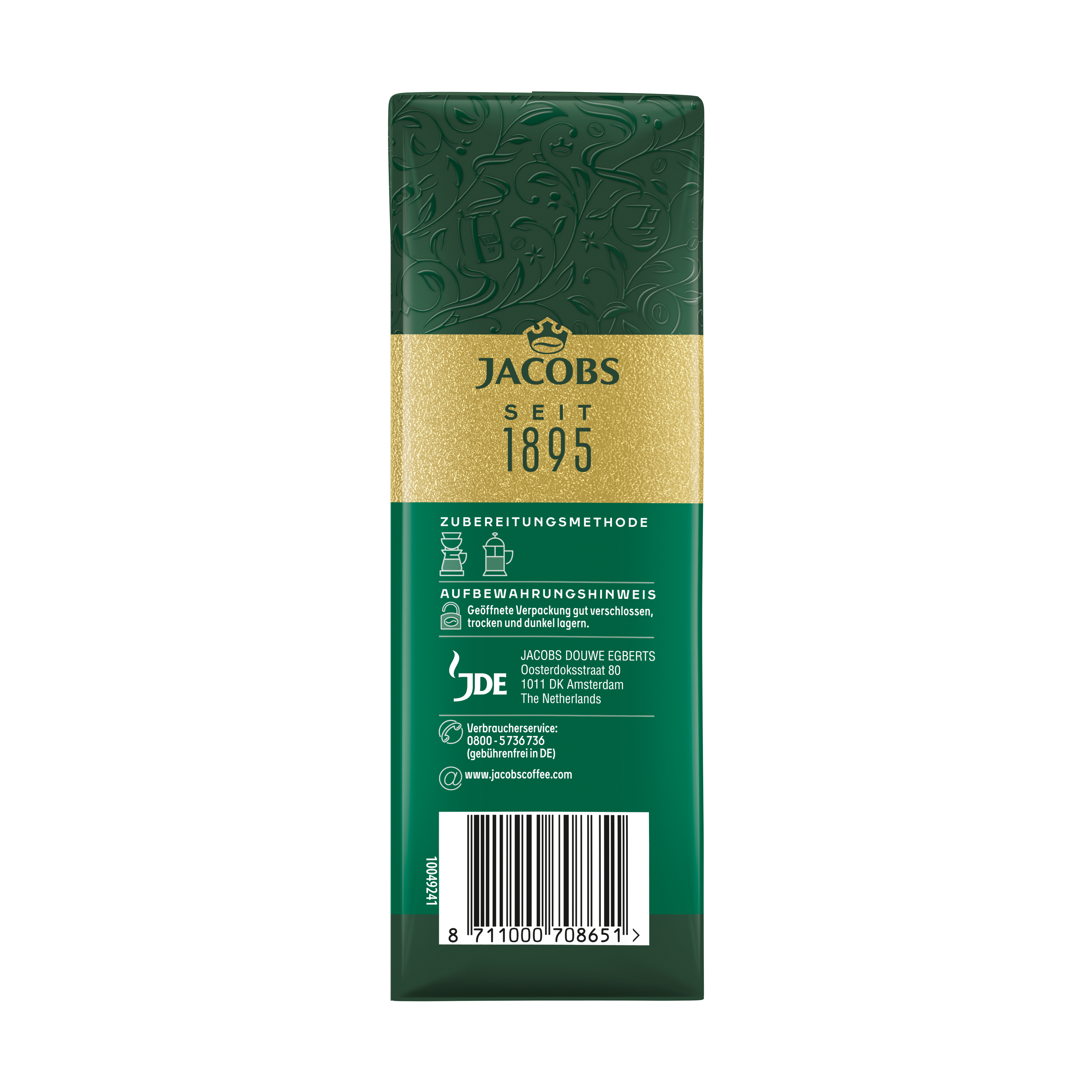Grüne Jacobs Kaffee-Verpackung mit Goldprägung, Marke und Zubereitungshinweisen.