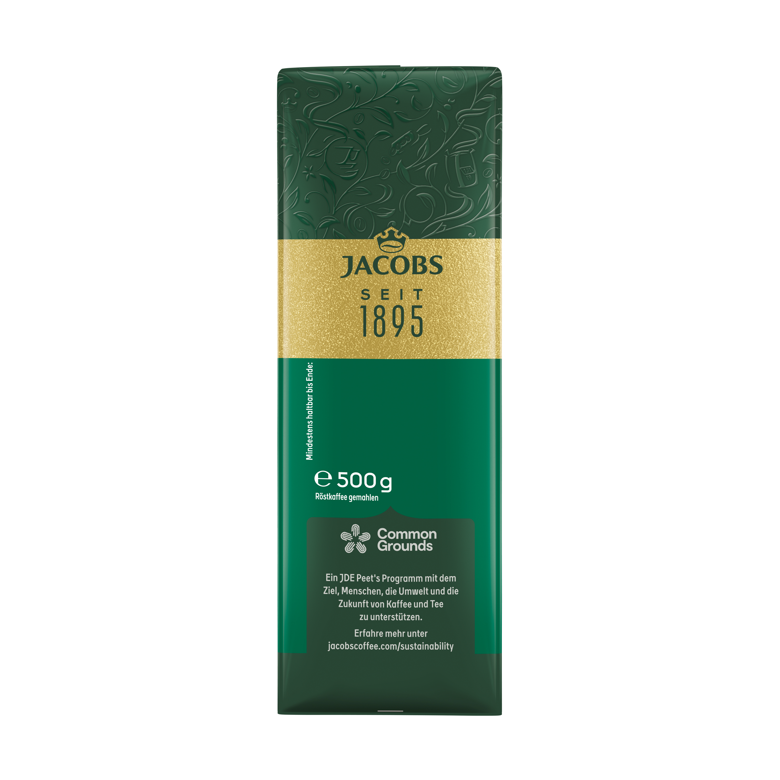 Grüne Jacobs Kaffee Packung mit Goldakzenten und "Common Grounds" Logo.