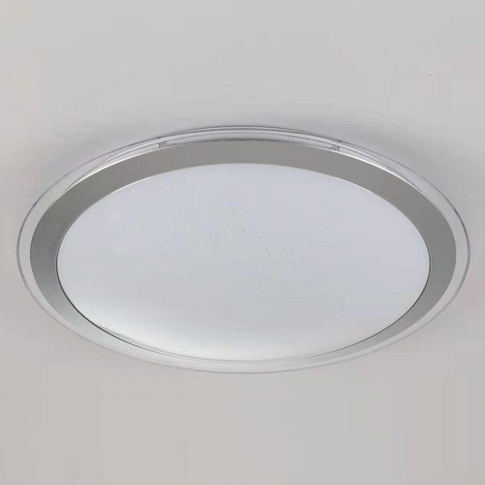 Una luz de techo redonda y blanca con borde plateado, montada en un techo blanco.