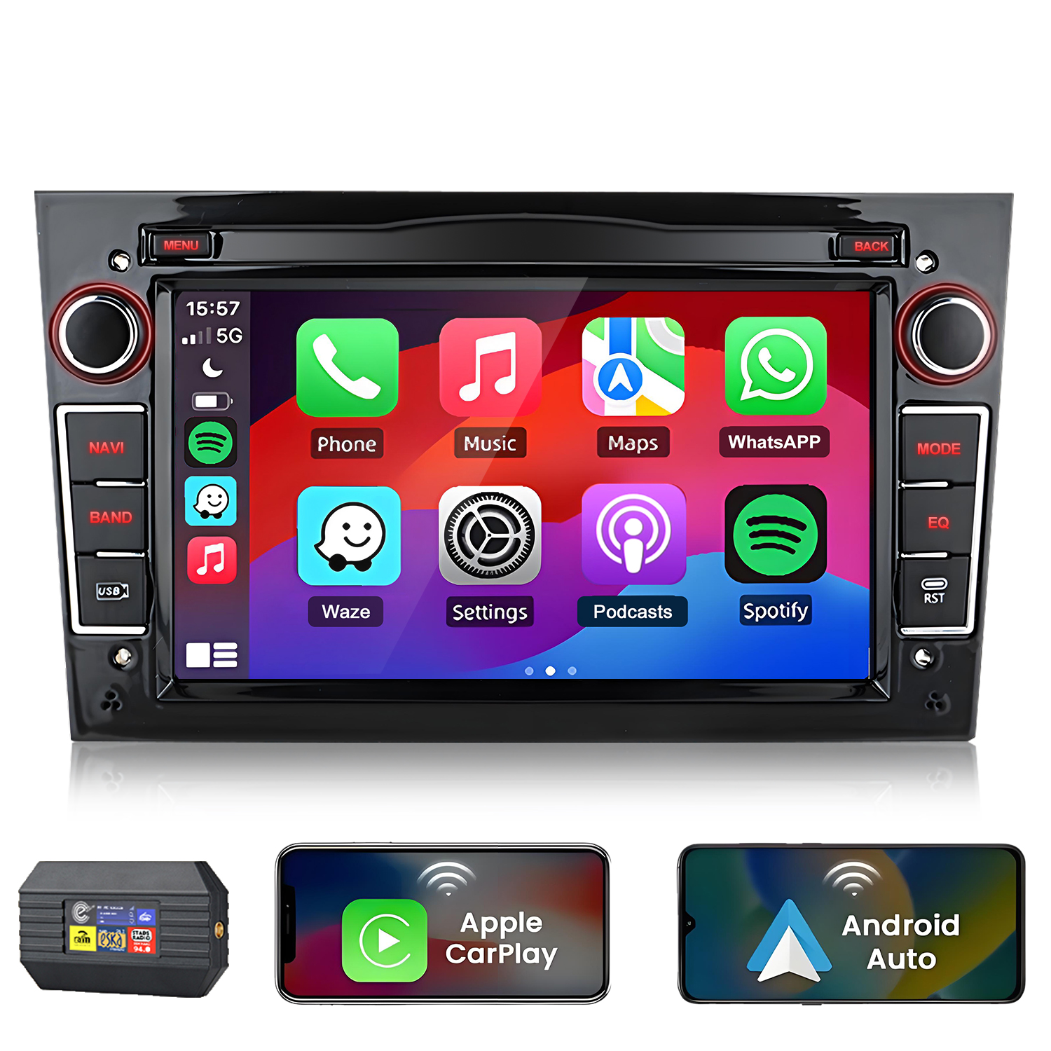 Autoradio mit Touchscreen zeigt Apple CarPlay-Apps. Unten: ein Gerät und Smartphones.