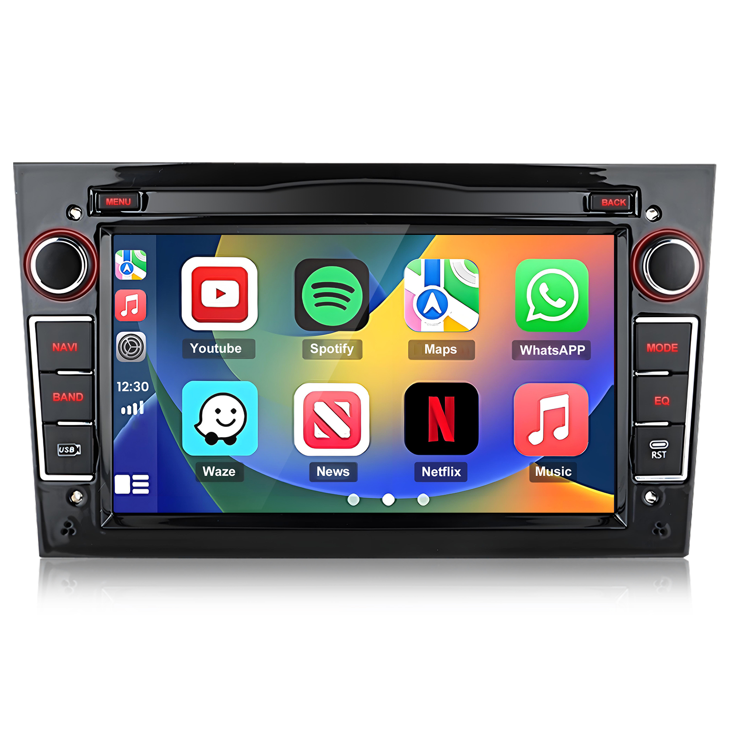 Auto-Infotainment-Bildschirm mit Apps: Youtube, Spotify, Maps, WhatsApp, Waze, News, Netflix, Musik.