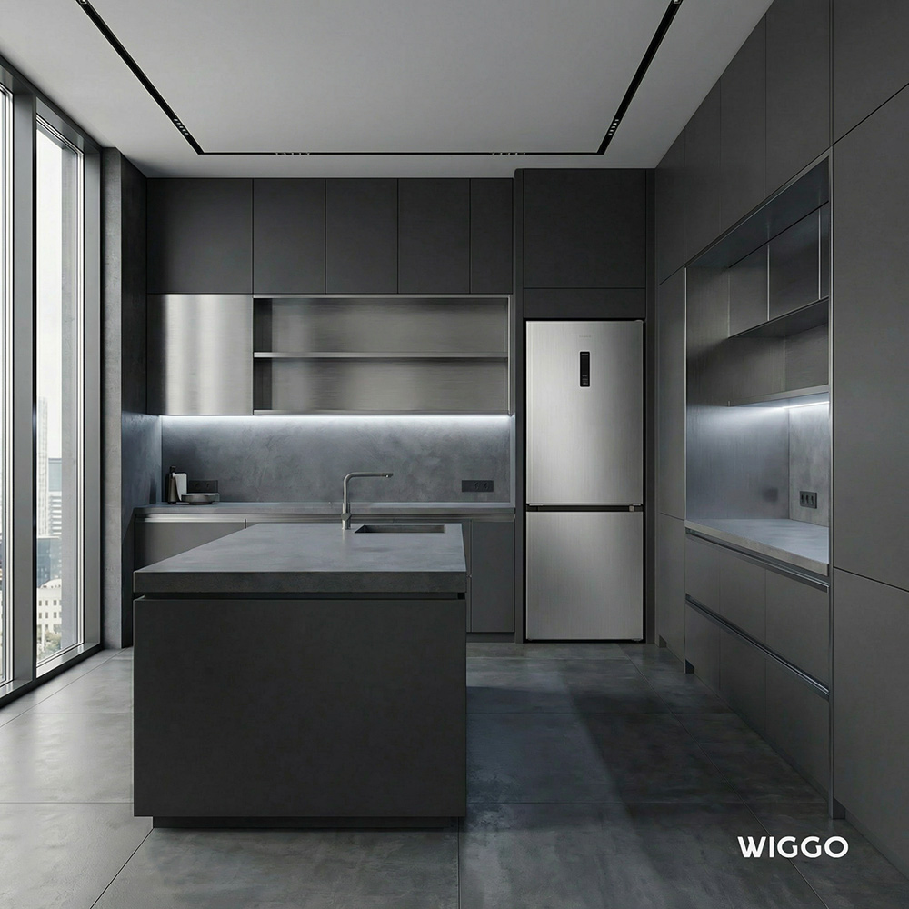 Modern grey kitchen with island, fridge, and large windows.