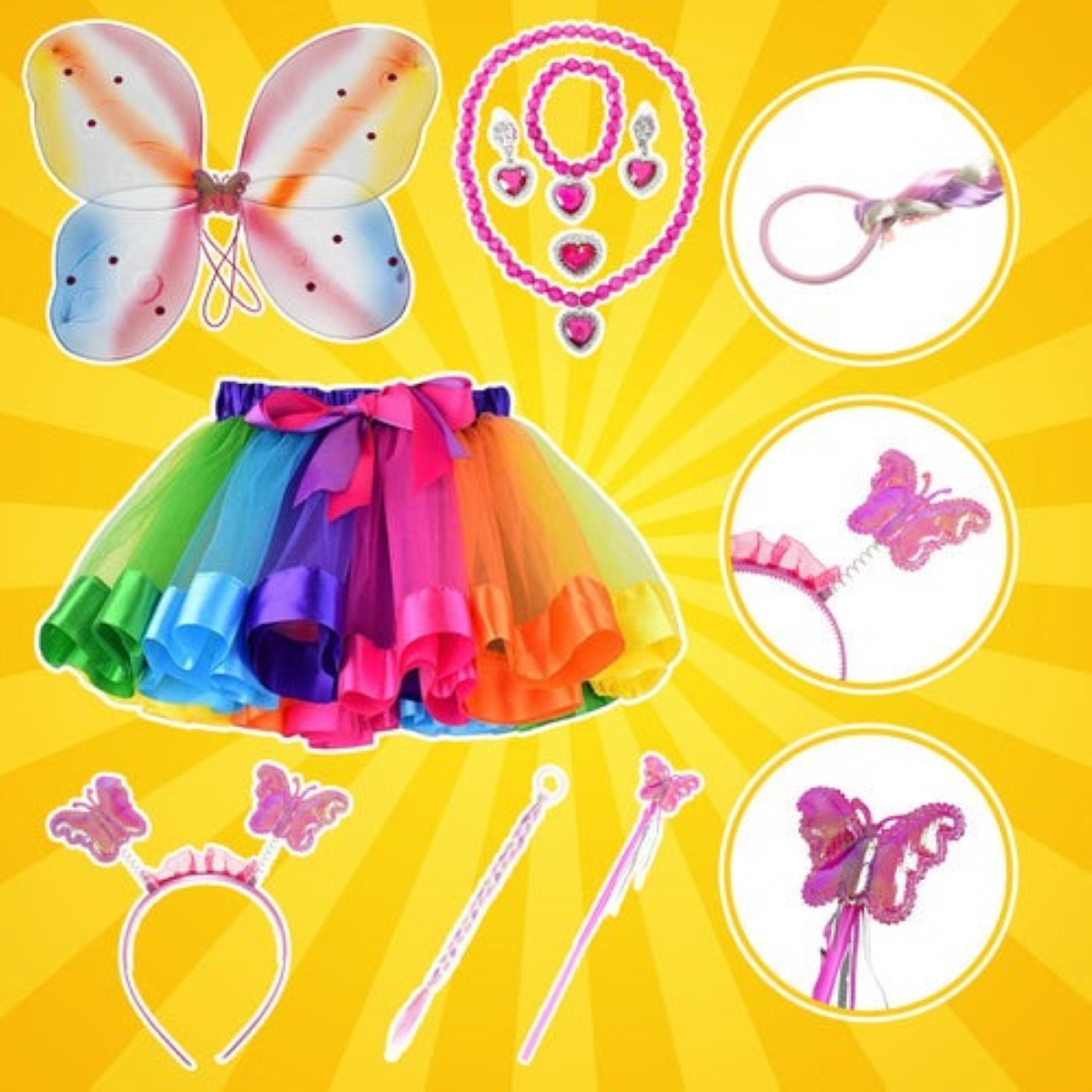 Conjunto de accesorios de disfraz de hada coloridos: alas, tutú, diadema, varita.